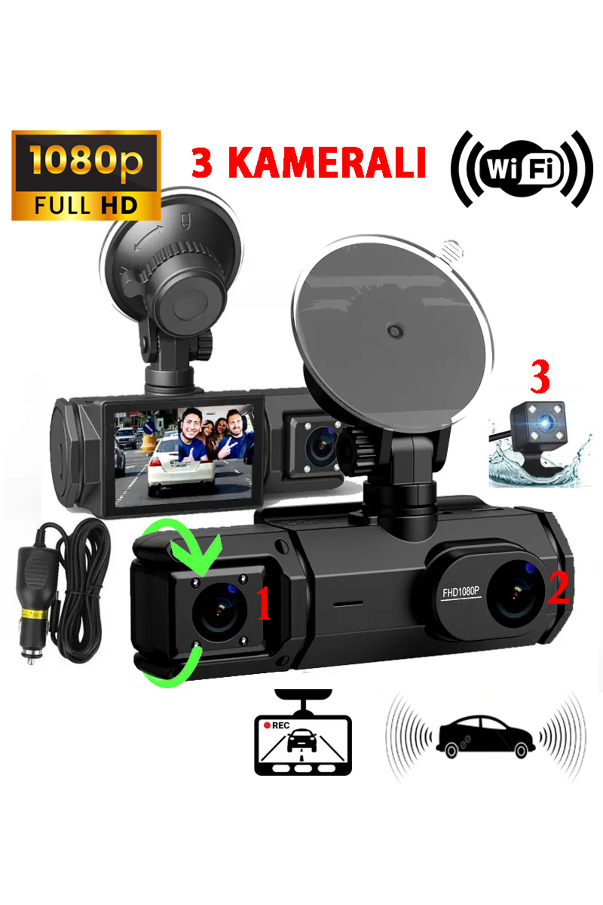 Genel Markalar 1080p Full Hd 3 Kameralı Wifi Uygulamalı Hafıza Kartına Kayıtlı Hareket Algılamalı Araç Kamerası