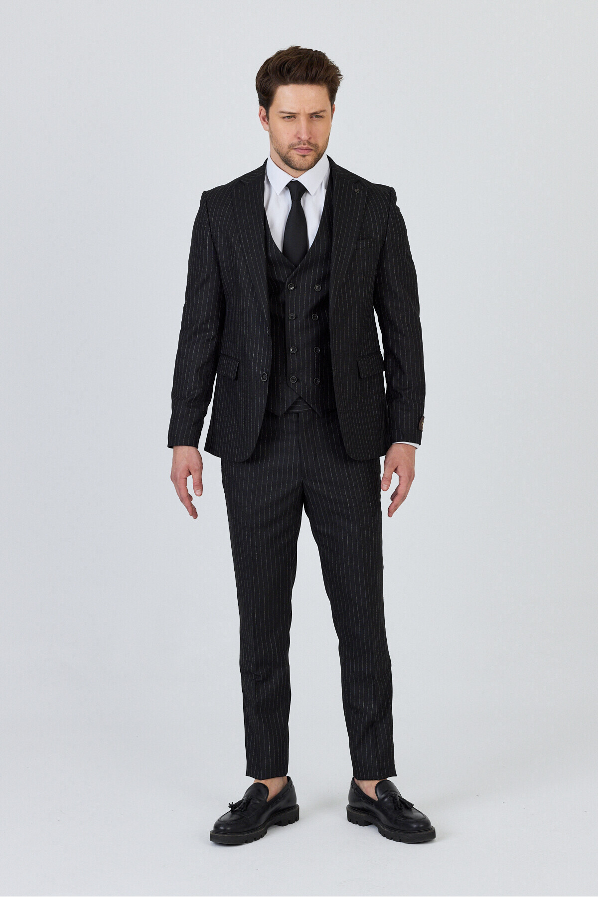 Frappoli Ateca Men's Charcoal Black Italian Striped Jacket+Pants+Vest Slim Fit Suit
