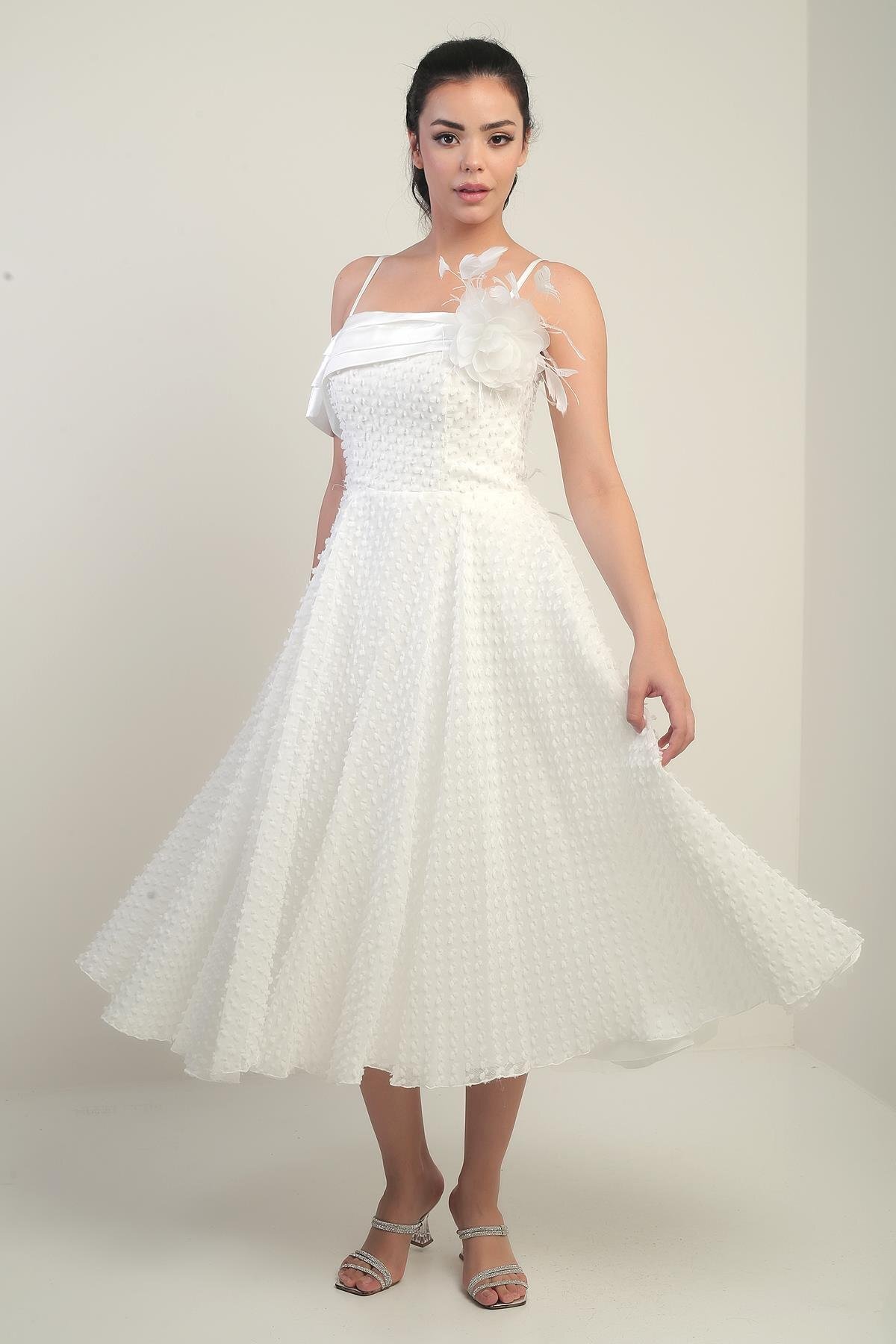 Women's Rope Strap Lace-up Low One Sleeve Feather Brooch Lined Ruffle Fabric Dress