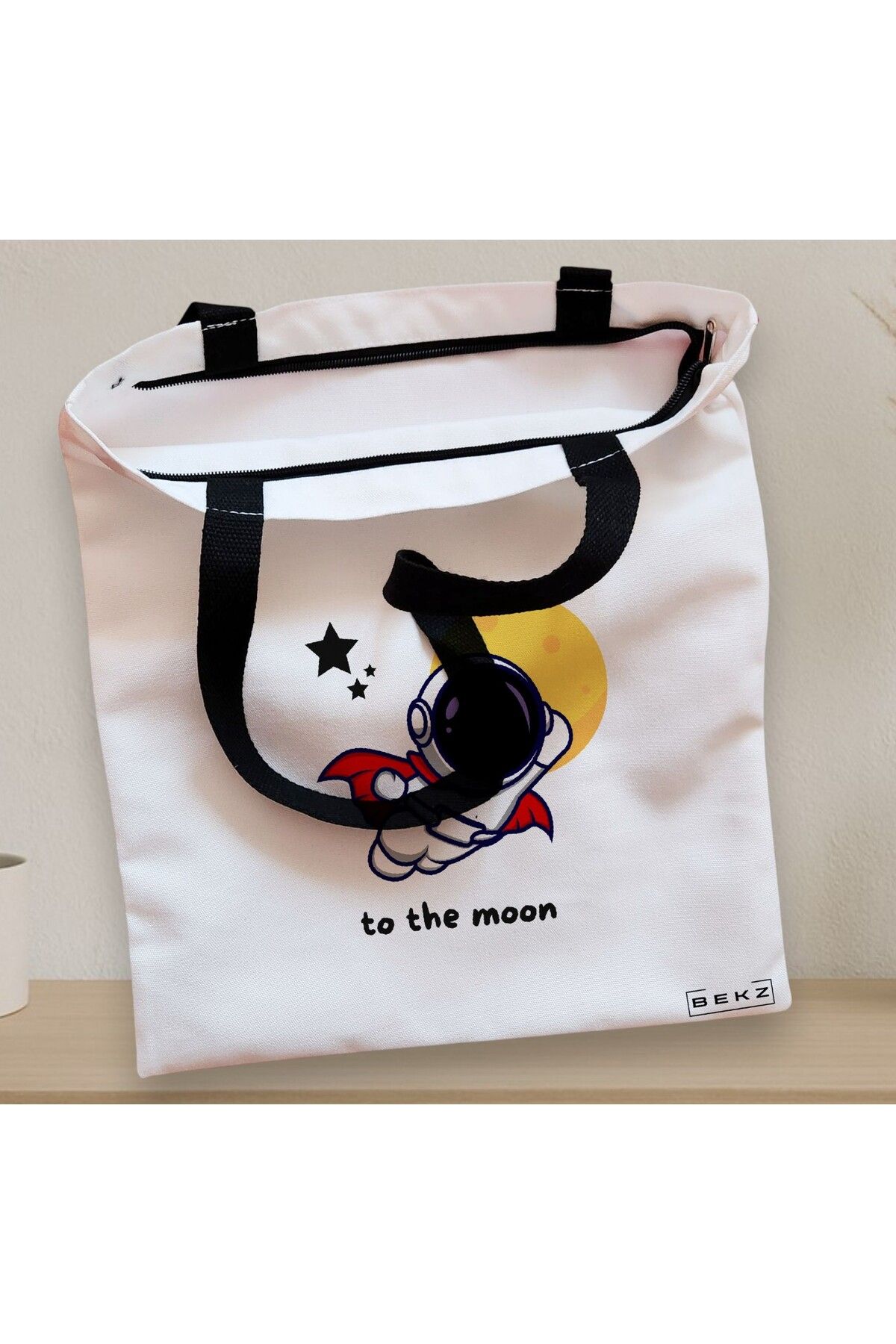 BEKZ-Textile Bag With Zipper, Tote Bag, To The Moon Model, 38x34.5 Cm, ​​White, ® 2