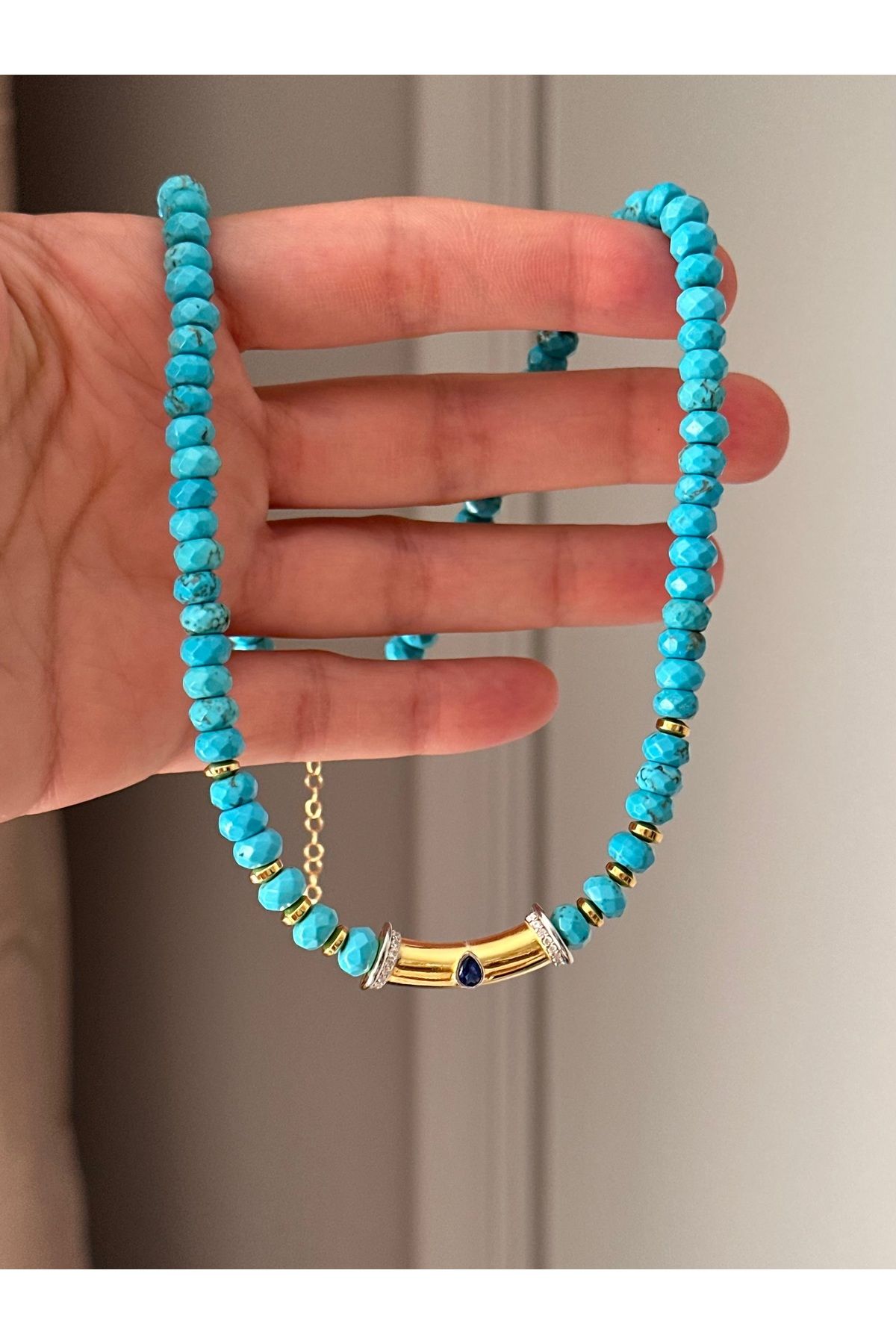 emy by emel luxury silver jewelry Altın Kaplama Firuze Taşlı Özel Tasarım Kolye 925 Ayar Gümüş