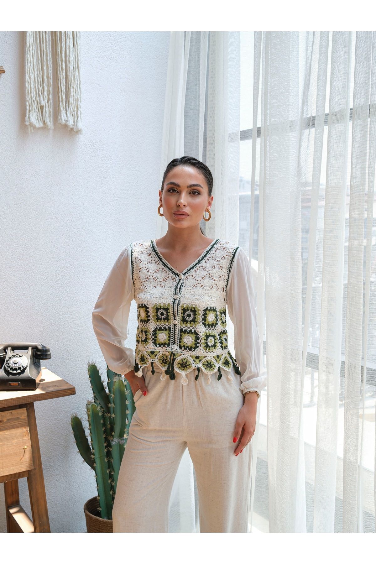BLUE DAY'S Kadın bohem kroşe kumaş hırka
