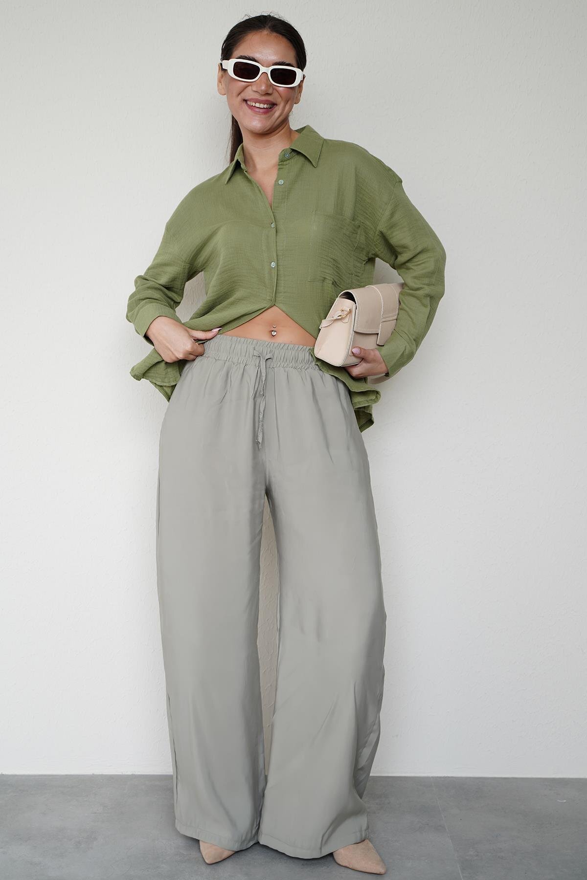 Madmext-Pale Green Wide Leg Women's Trousers Mg1982 7