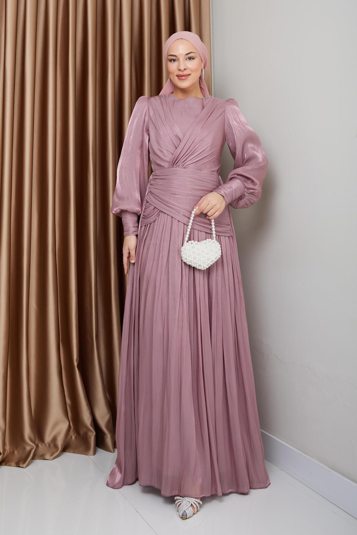 Olcay-Abendkleid aus Chiffon mit Volantfalte und verschüttetem Kristall – Rose 1230 3