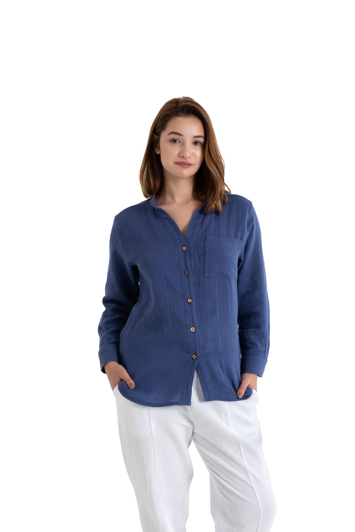 PANCHY CANKY Slim fit 2 Kat Müslin Kadın Hakim Yaka Gömlek %100 Pamuk