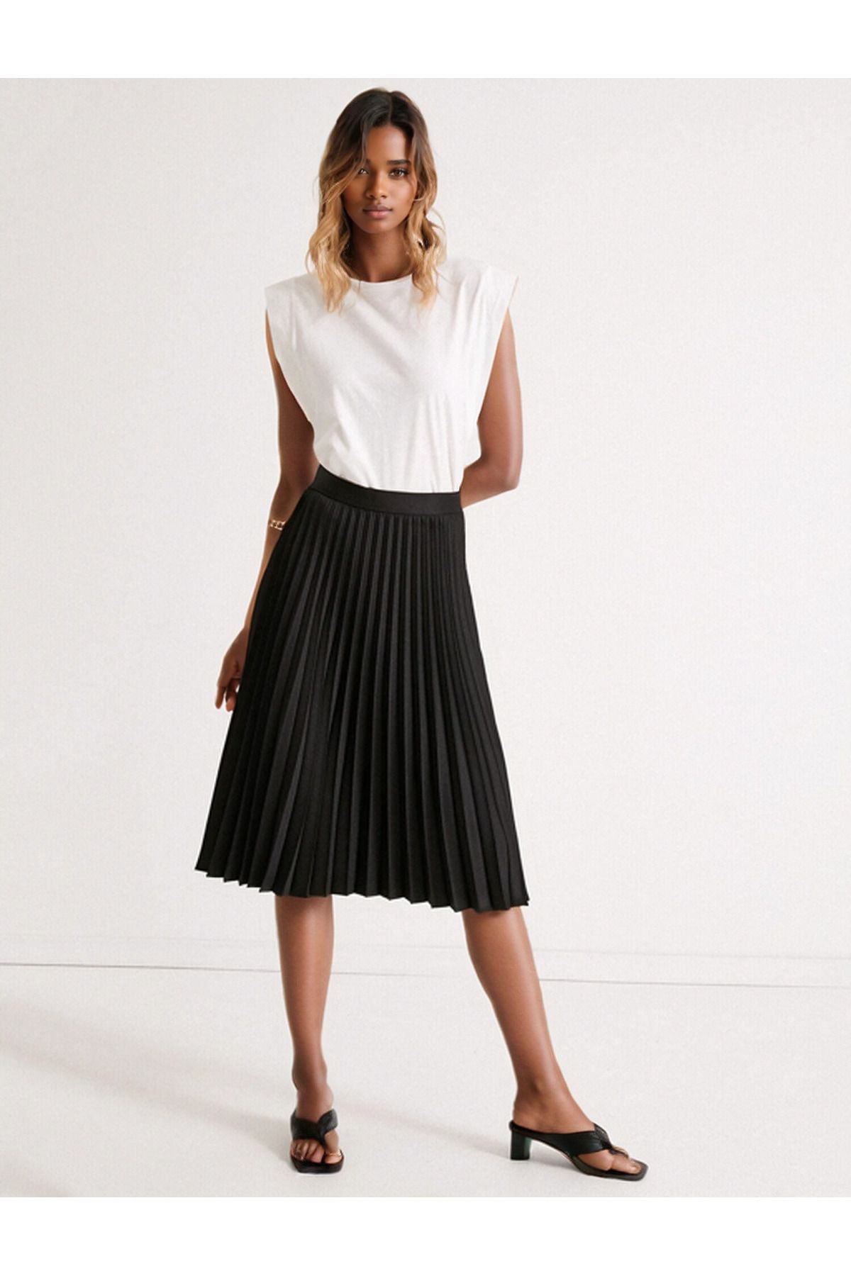 Modabenna-Women's Black-Ecru Quality Crepe Pleated Midi Skirt with Lyre Elastic Waist Pleated Pleated 65 cm Below the Knee 4