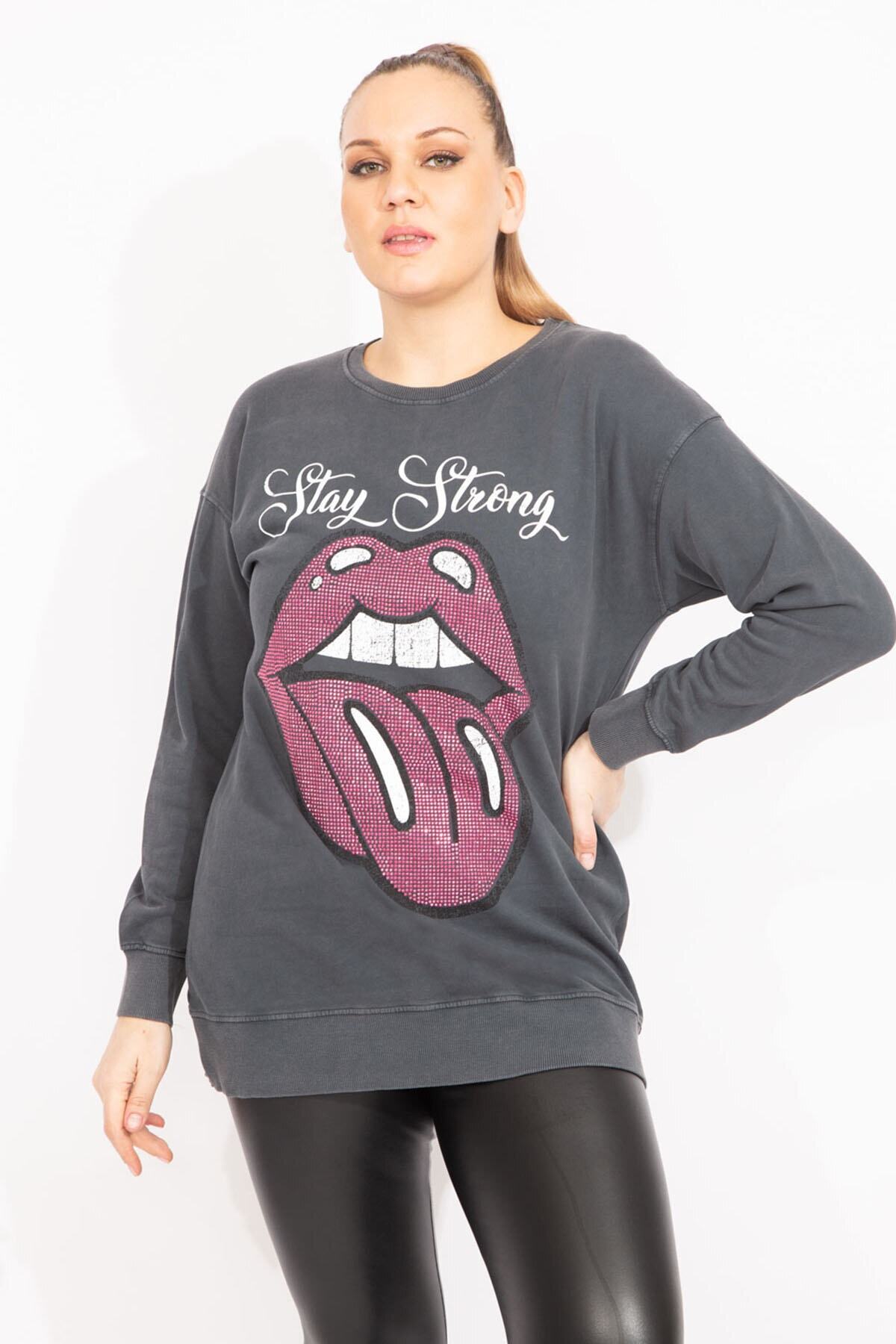 Women's Plus Size Smoked Stone Detailed Sweatshirt 65n35493