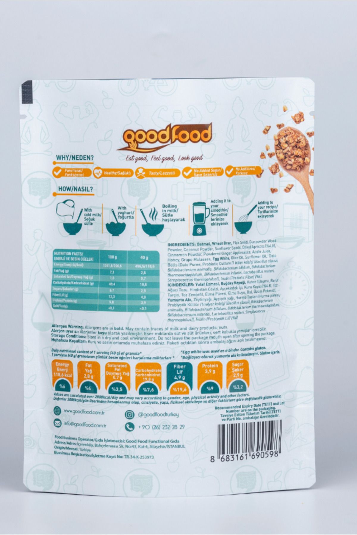 Good Food-Probiotic and Prebiotic Granola with Flax Seeds and Dates Bar Particles, 200 g 2
