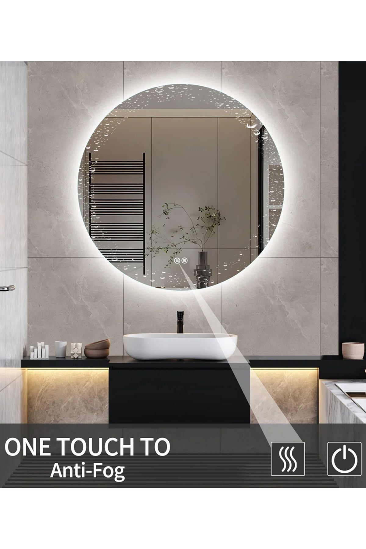 Taimi-80cm Anti-fog Round Bathroom Mirror With Backlight And Smart Touch Button 5