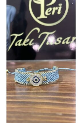 Peri Takı Tasarım El Yapımı Zirkon Taşlı Nazar Boncuklu Simli Makrome Bileklik