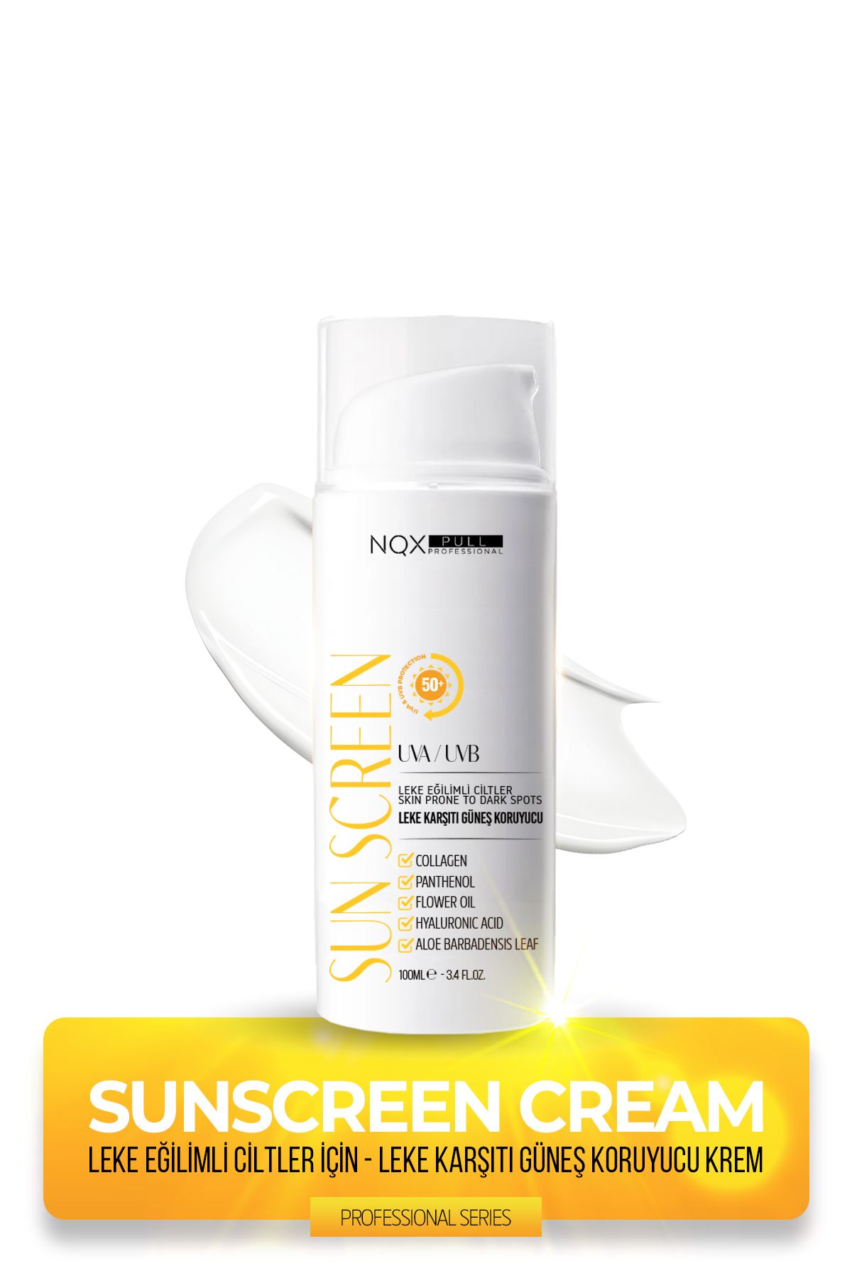 NQX PULL PROFESSIONAL Güneş Kremi Spf 50 Faktör Leke Karşıtı, Yüksek Koruma, Tüm Ciltler Için Suya Dayanıklı 100 ml
