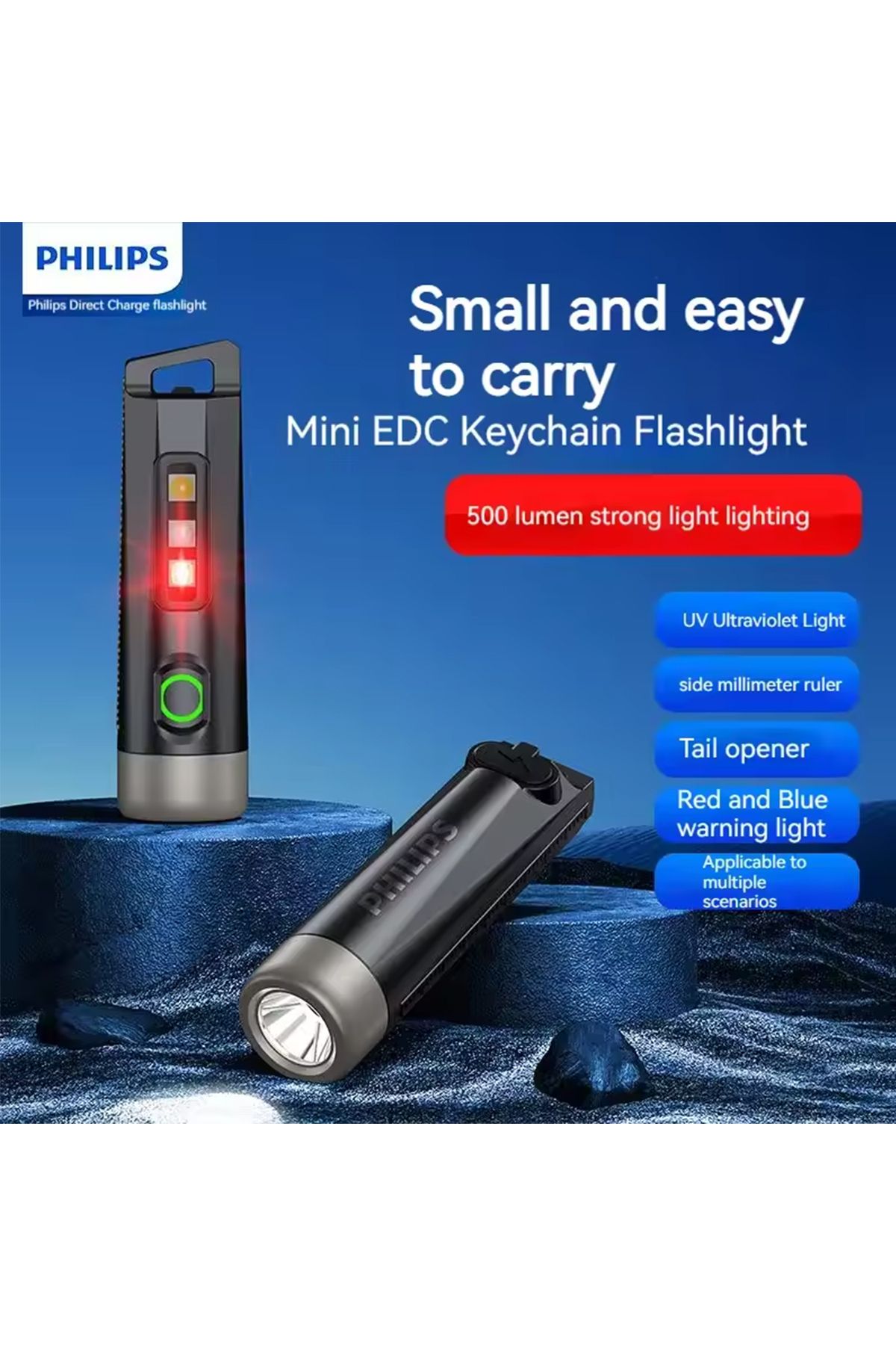 Philips-Button Electronics black MINI EDC PHILIPS NEW EDC Flashlight LED Rechargeable Mini EDC Keychain Flas 1
