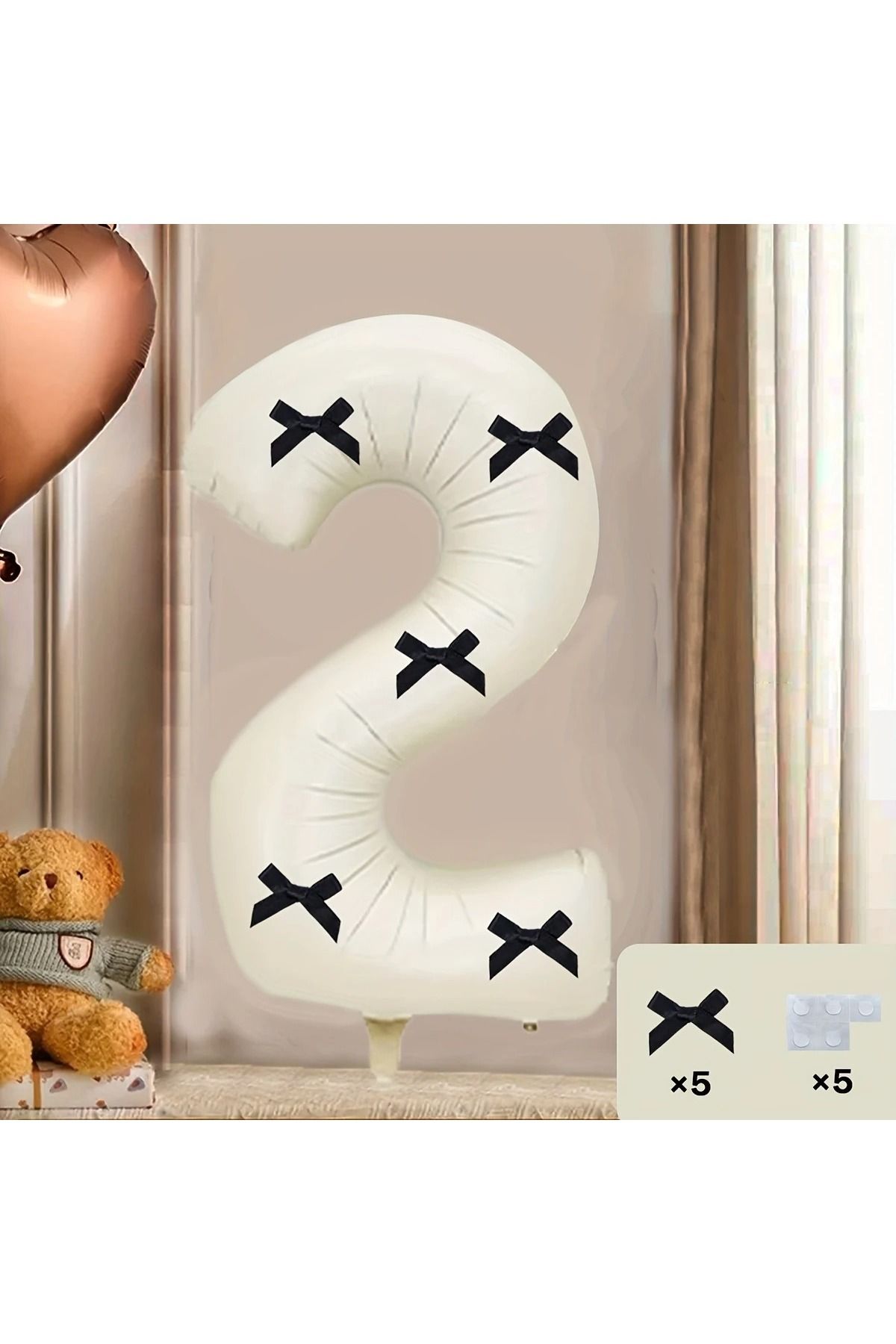 PartyPoo Siyah Fiyonklu Bej Rakam Folyo Balon 80cm 2 Rakam Balon - Fiyonklu Balon, Kurdeleli Balon