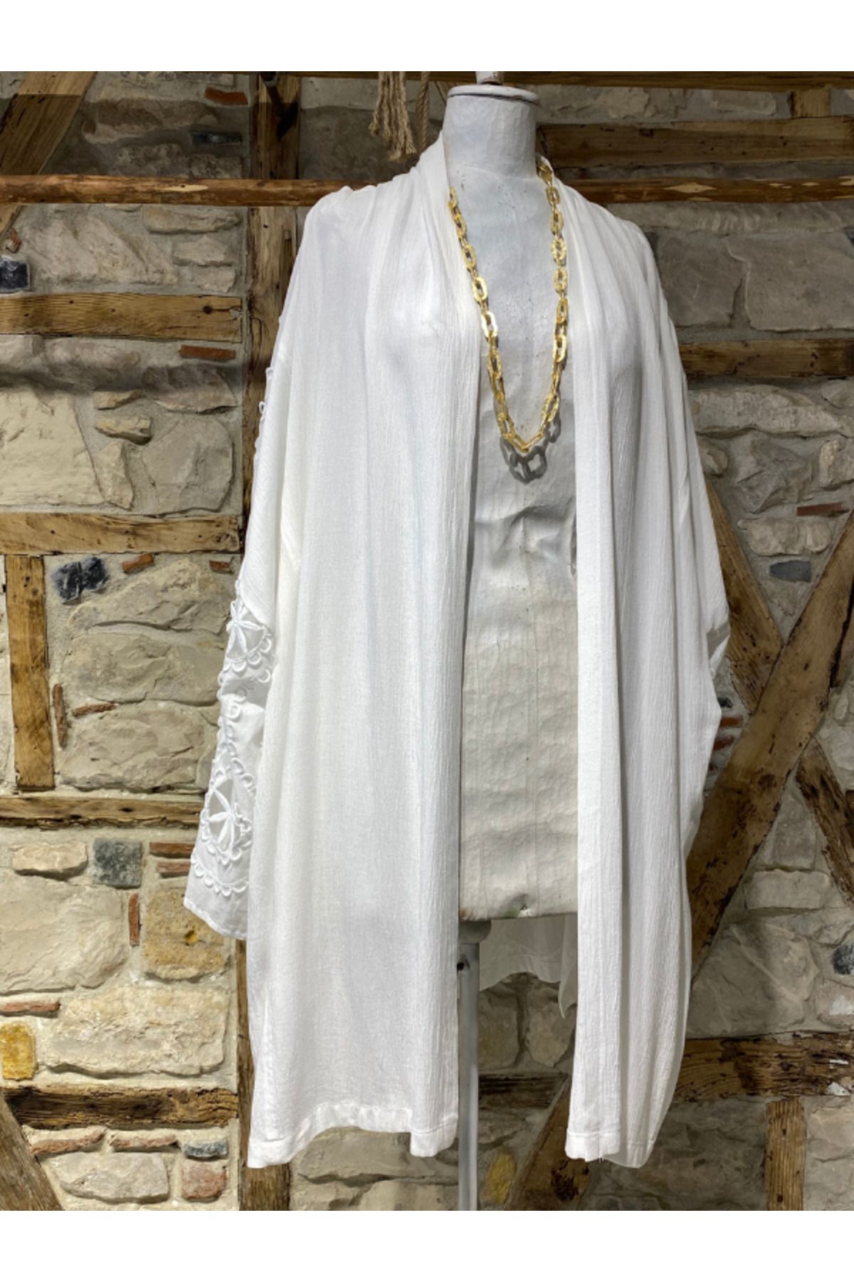 Dün Kreatif %100 Pamuk Vual Kimono Üstü – Nakışlı Bohem Plaj Kimono – Hafif ve Şık Kadın Kimono