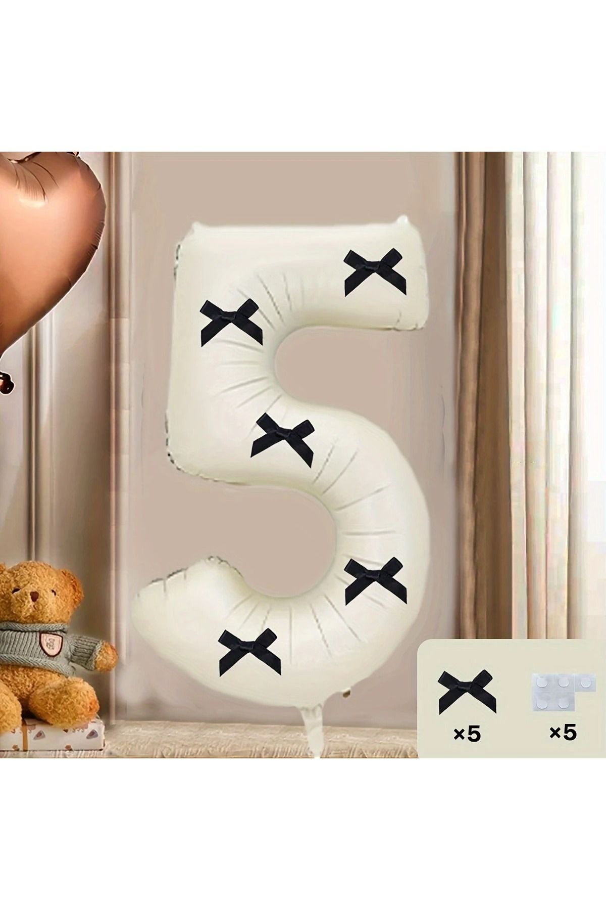 PartyPoo Siyah Fiyonklu Bej Rakam Folyo Balon 80cm 5 Rakam Balon - Fiyonklu Balon, Kurdeleli Balon