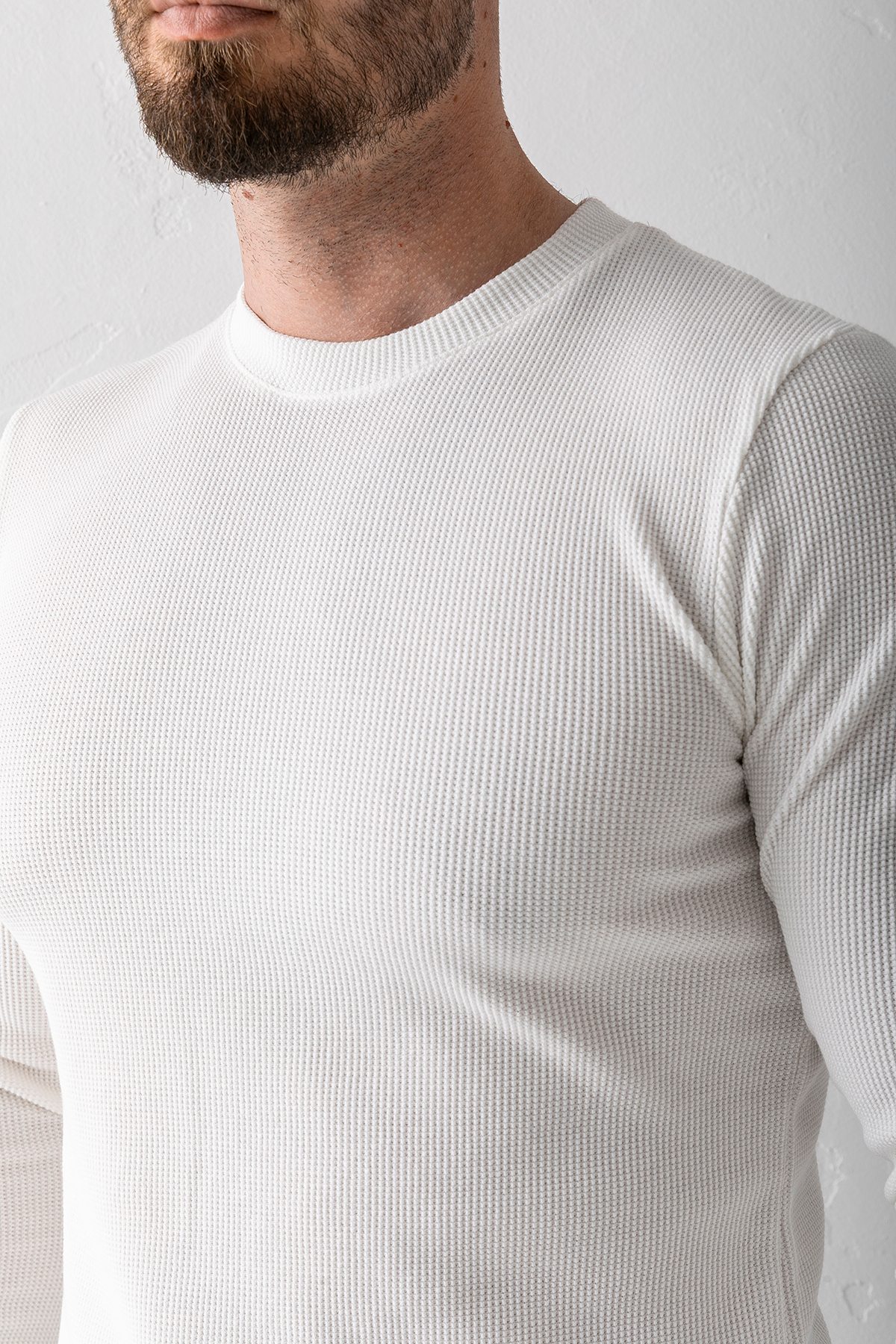 JB John Borners  Erkek Beyaz Bisiklet Yaka Slim Fit Esnek Waffle Kumaş Dokulu Uzun Kollu T-Shirt - 5073-2 - Görsel 7