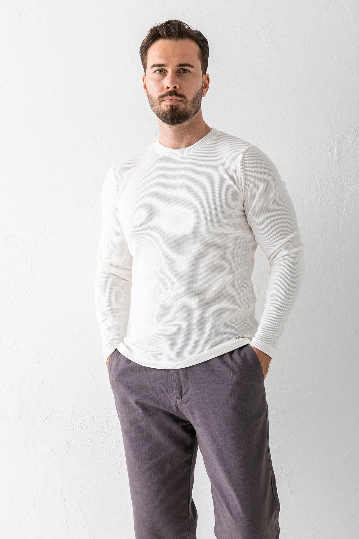 JB John Borners  Erkek Beyaz Bisiklet Yaka Slim Fit Esnek Waffle Kumaş Dokulu Uzun Kollu T-Shirt - 5073-2 - Görsel 3