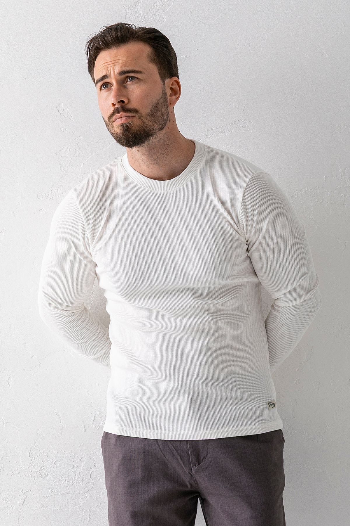 JB John Borners  Erkek Beyaz Bisiklet Yaka Slim Fit Esnek Waffle Kumaş Dokulu Uzun Kollu T-Shirt - 5073-2 - Görsel 4