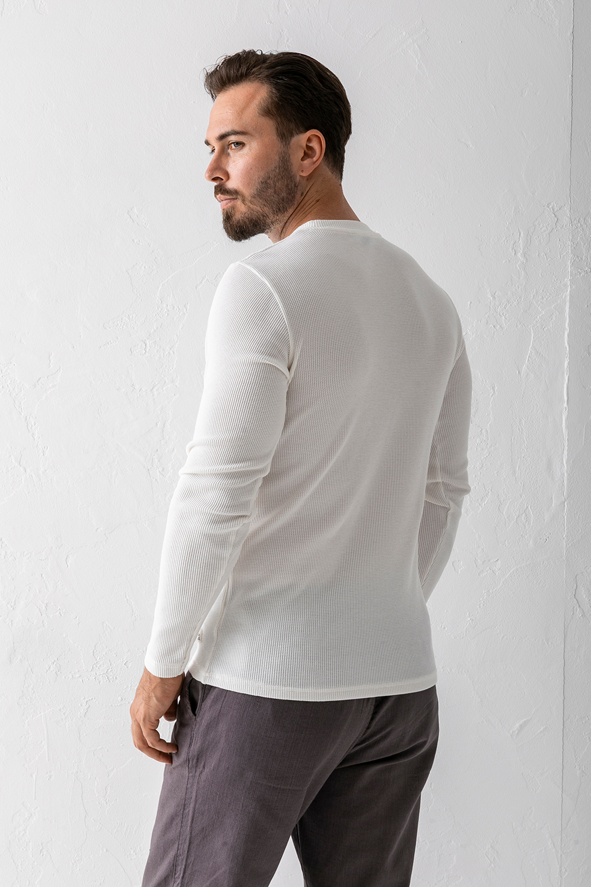 JB John Borners  Erkek Beyaz Bisiklet Yaka Slim Fit Esnek Waffle Kumaş Dokulu Uzun Kollu T-Shirt - 5073-2 - Görsel 8