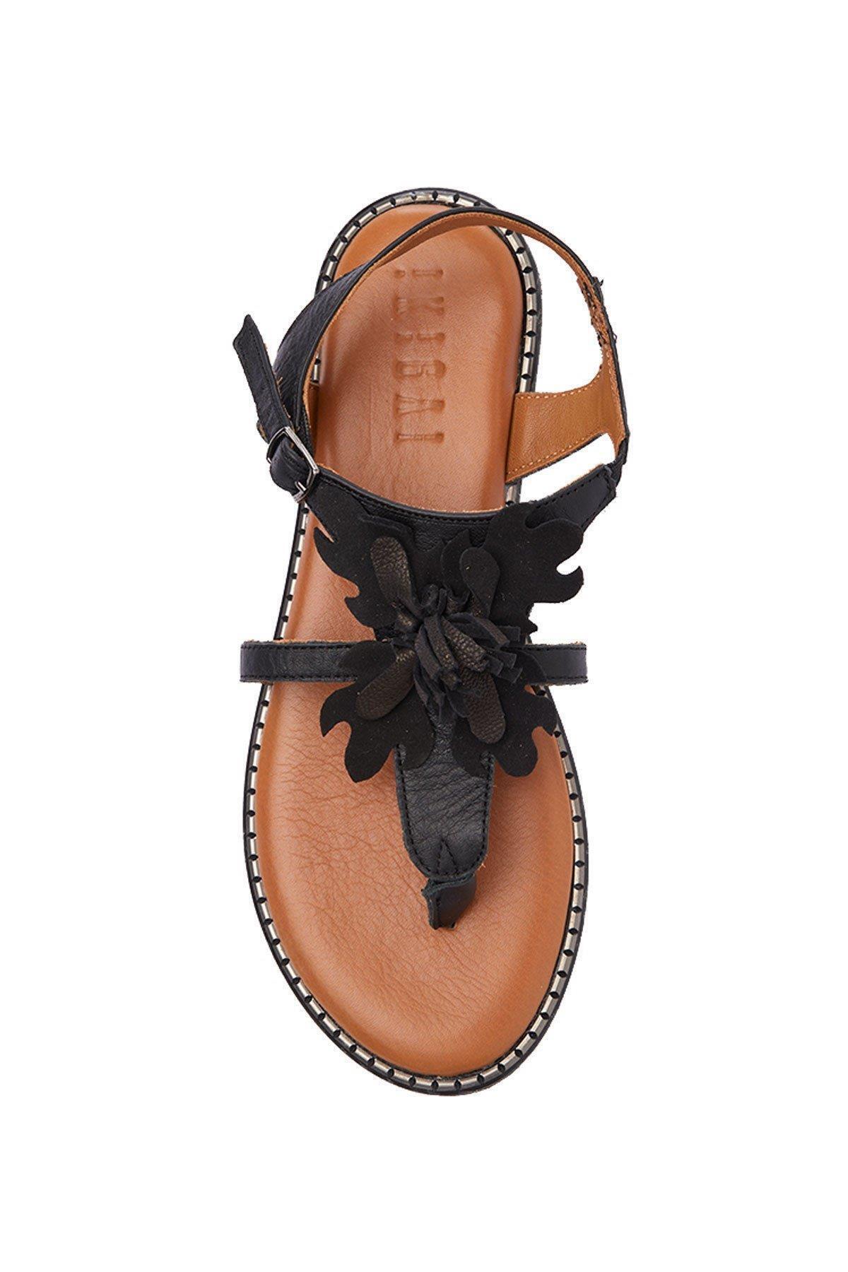 Deriderim-Sandale de damă - piele de căprioară autentică neagră, florale, talpă flip flop, piele maro, curea la gleznă 6