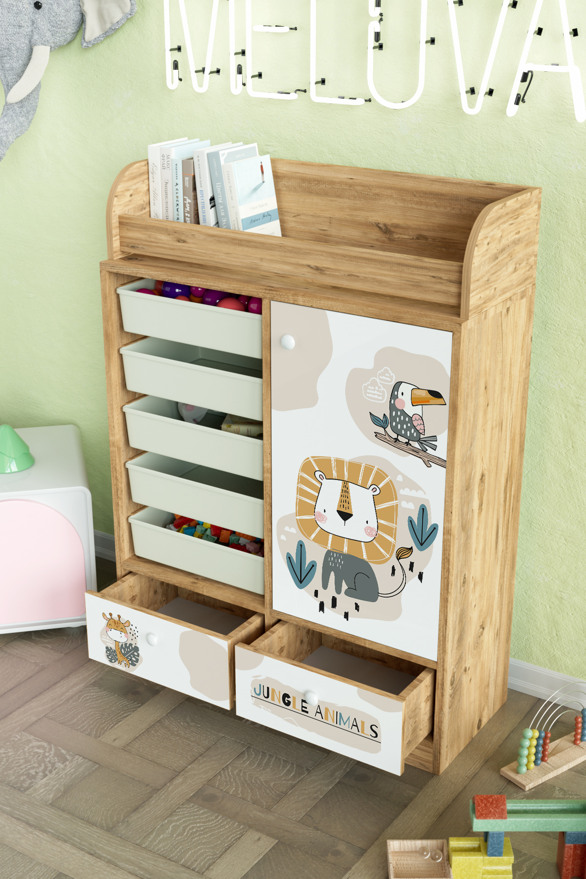 Hediyeler Kapında Jungle Animals Design "Melova" 5 Sepetli 2 Çekmeceli Çok Amaçlı Oyuncak Dolabı fotoğrafı 4 (önizleme)