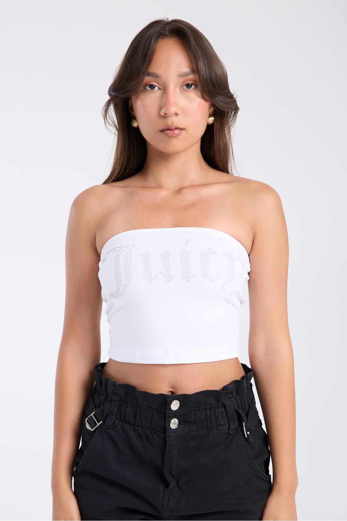 3 ROPE-Juicy Rhinestone Stone Printed Strapless Crop Top Bustier White 3
