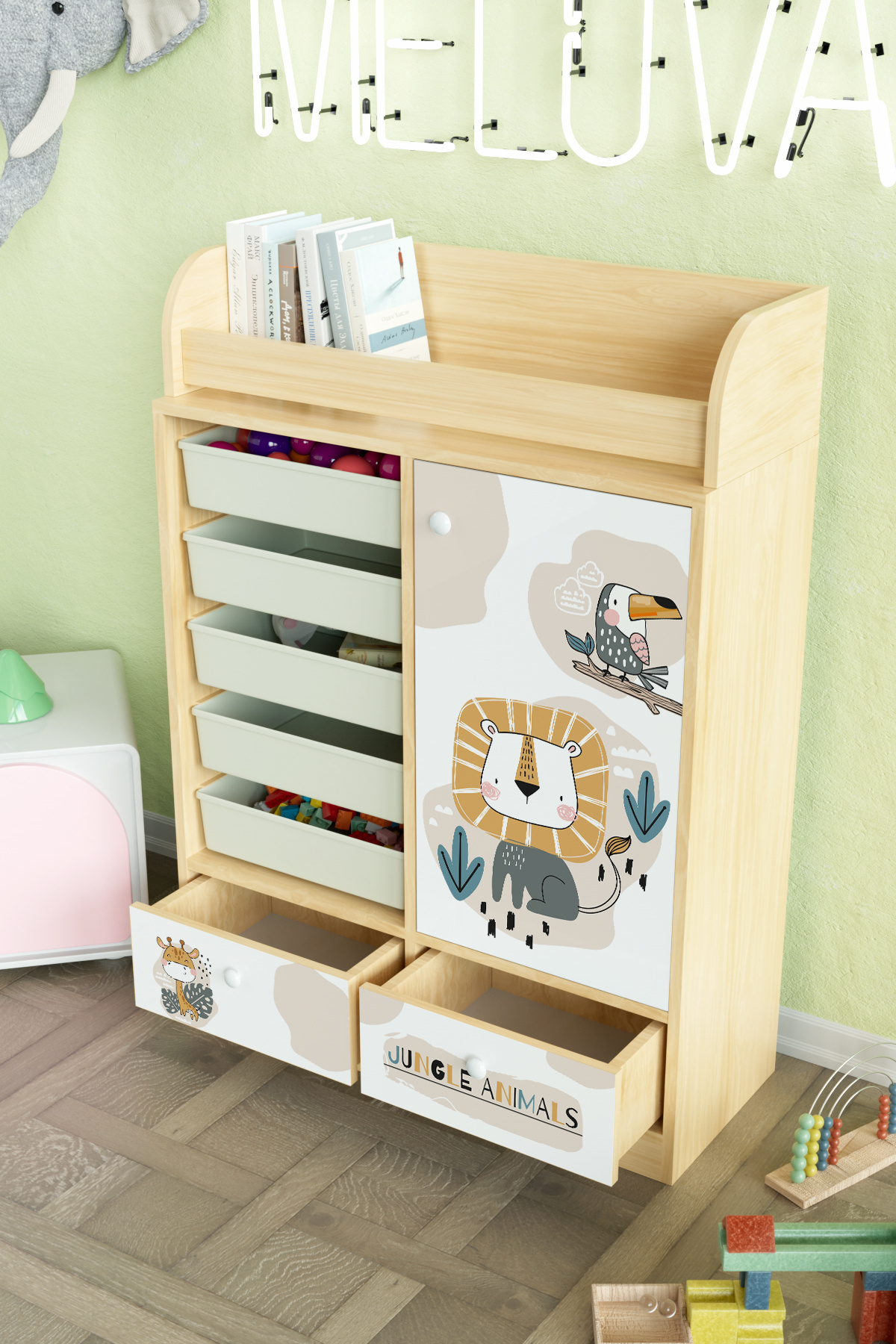 Hediyeler Kapında Jungle Animals Design "Melova" 5 Sepetli 2 Çekmeceli Çok Amaçlı Oyuncak Dolabı fotoğrafı 4 (önizleme)