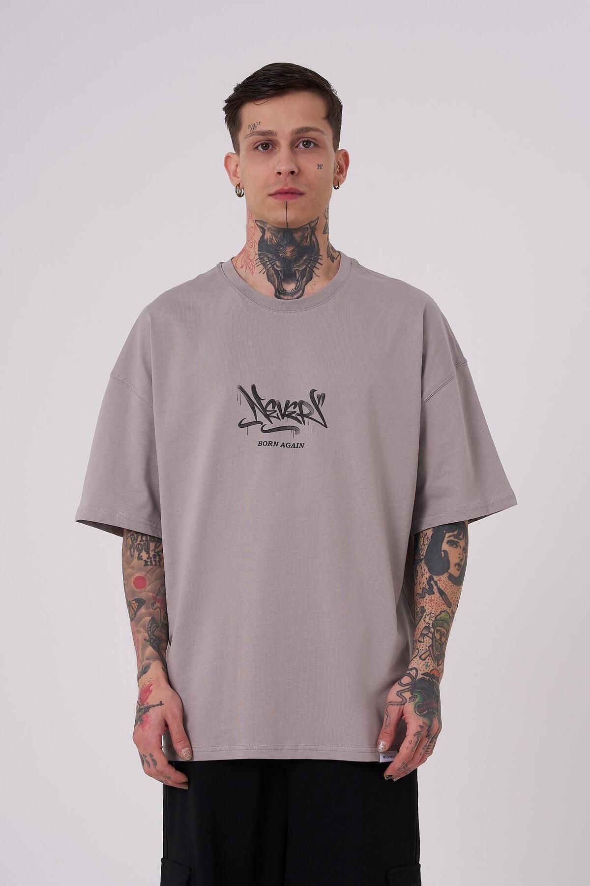 Machinist-Men's Glory Shine Printed Oversize Ice Gray T-Shirt 2