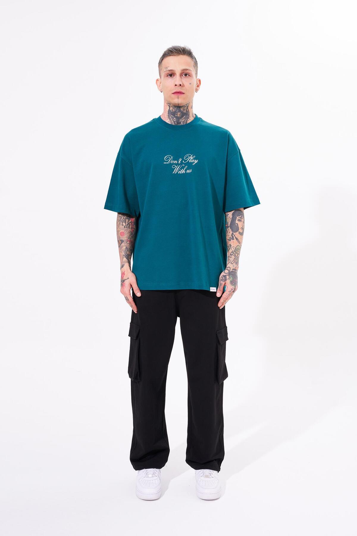 Machinist-Men's Don'T Play with Printed Oversize Petrol Green T-Shirt 4