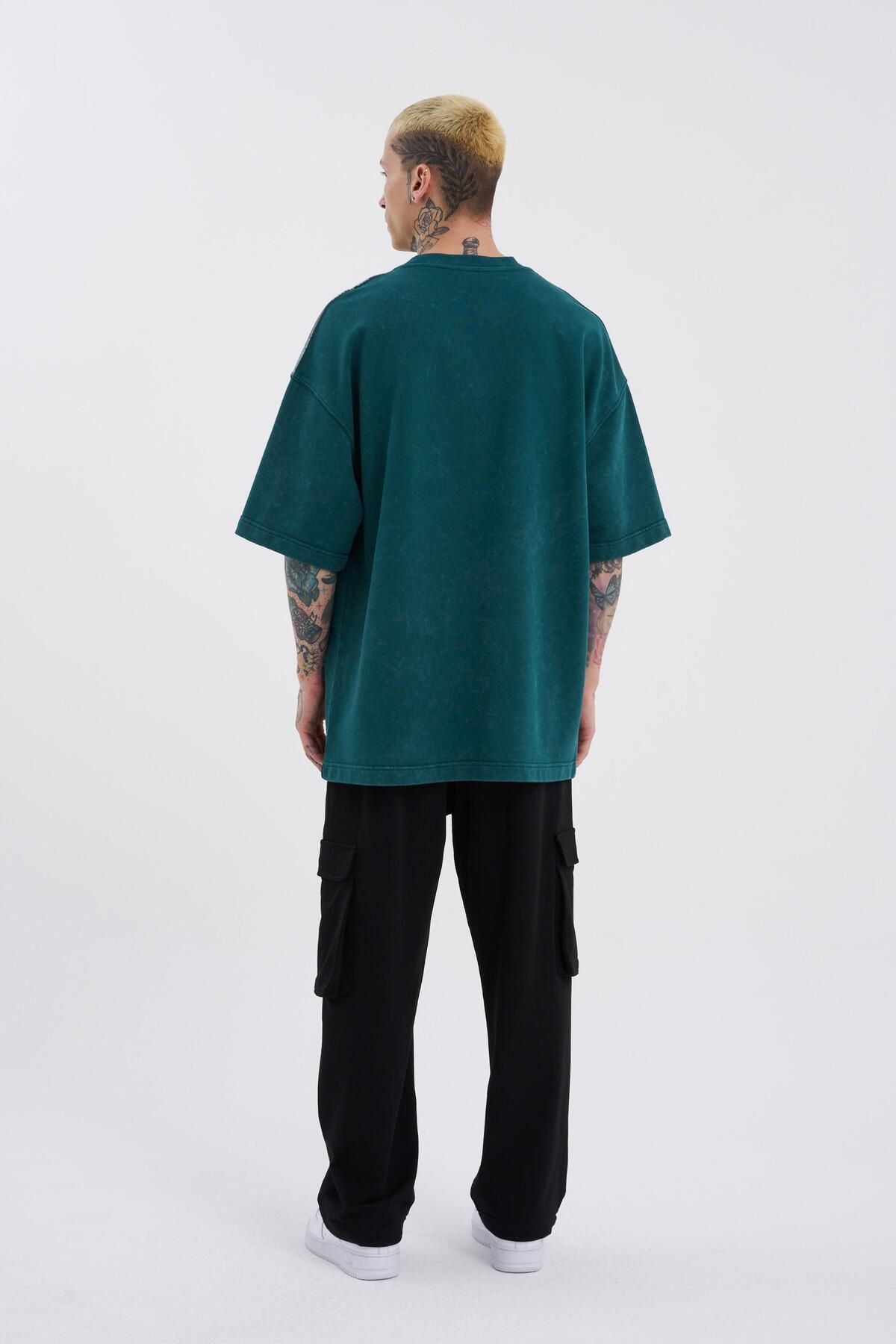 Machinist-Men's Oversize Petrol Cloudy T-Shirt - Washed Flowers Printed 5