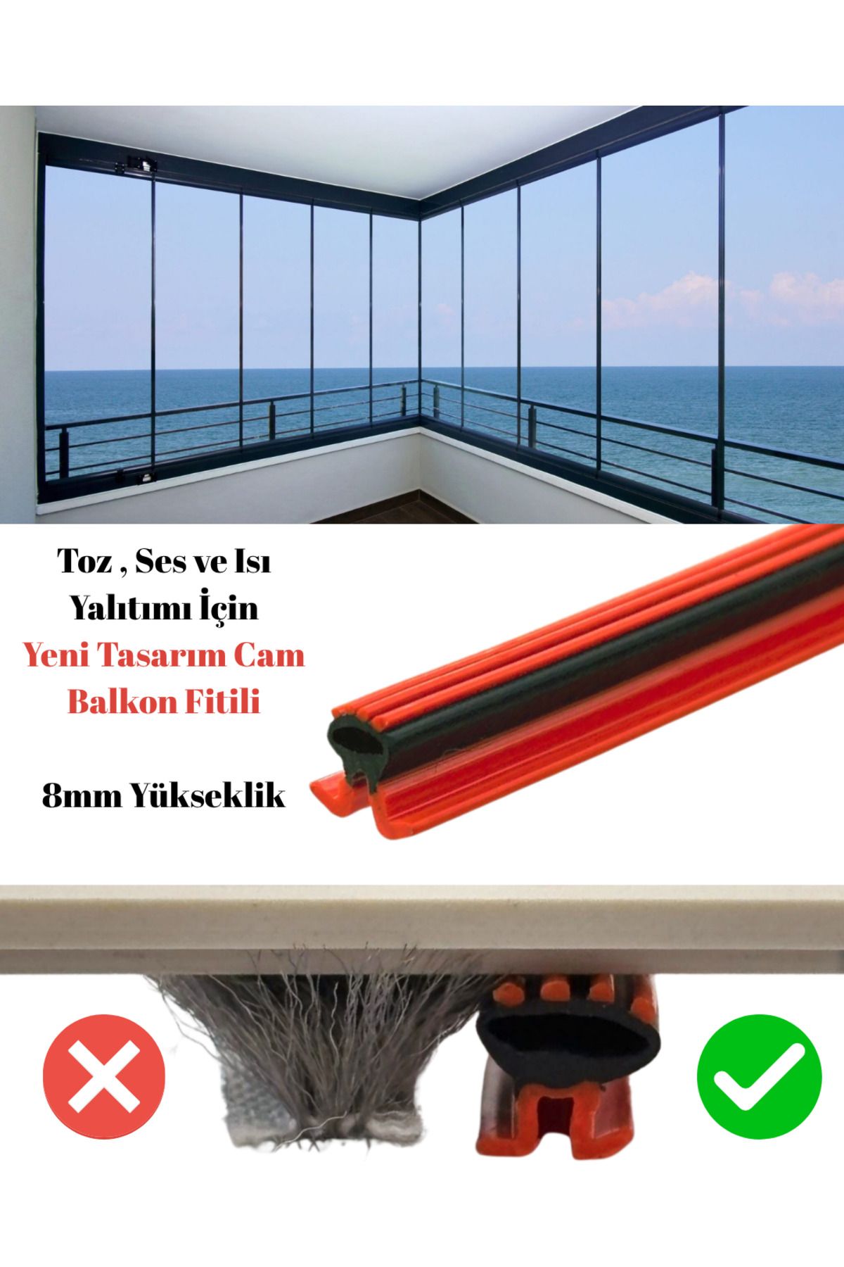 BABAWİCK Cam Balkon Fitili 6mm Yükseklik 5 Metre Uzunluk Toz, Ses ve Isı Yalıtımı İçin Kıl Fitil Alternatifi