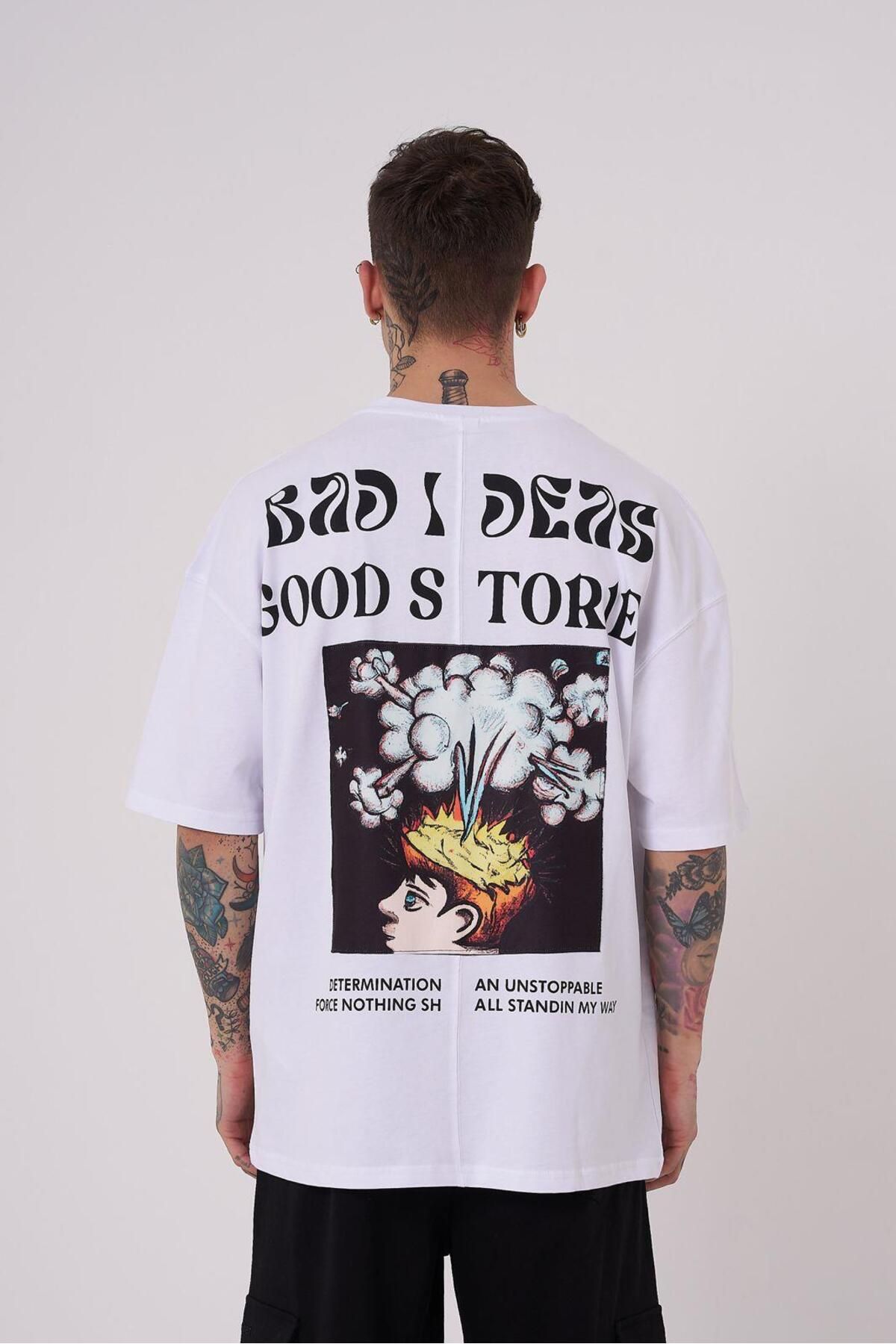 Machinist-Men's Good Stories Printed Oversize White T-Shirt 1