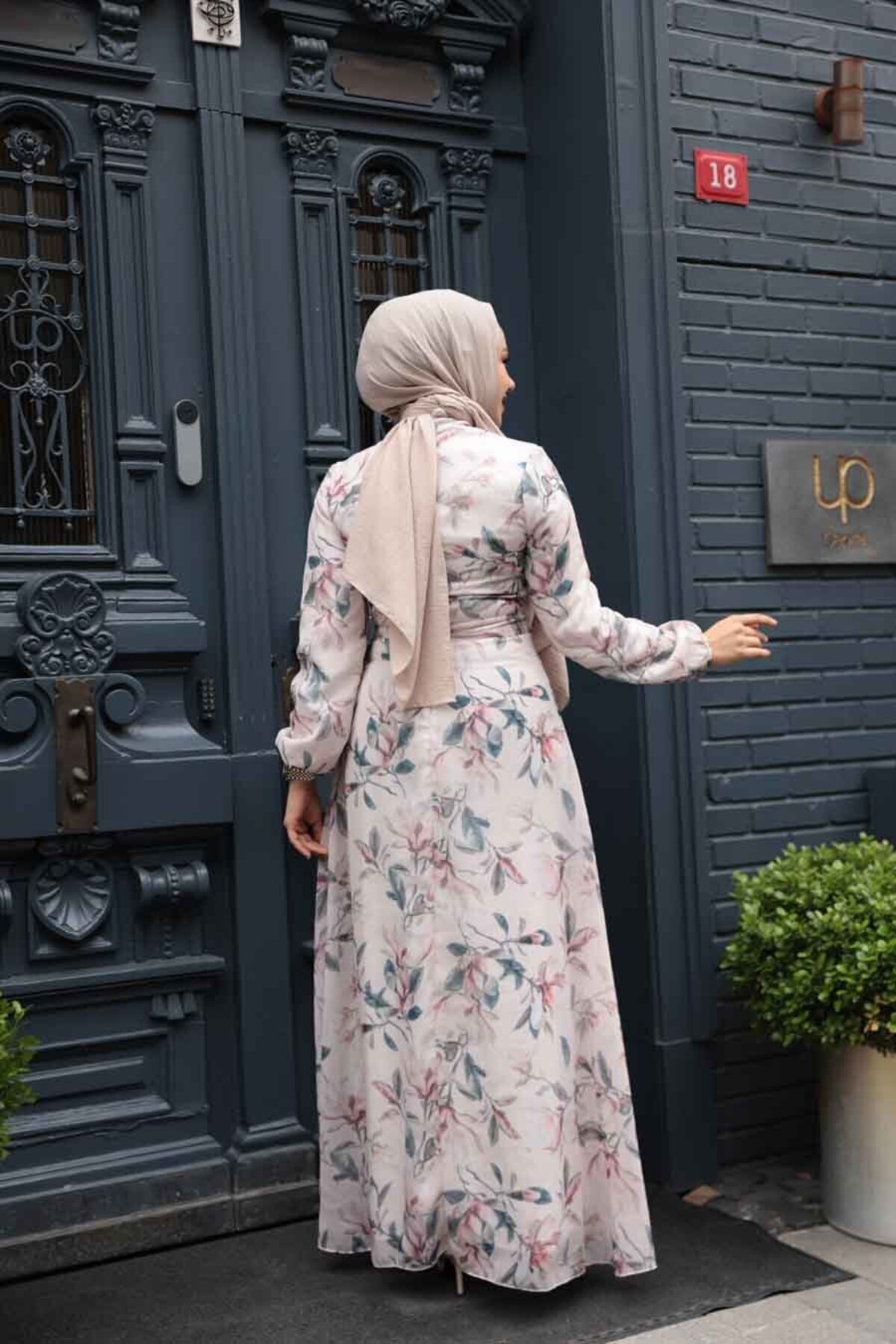 Neva Style-Floral Patterned Beige Hijab Dress 279915 Beige 4
