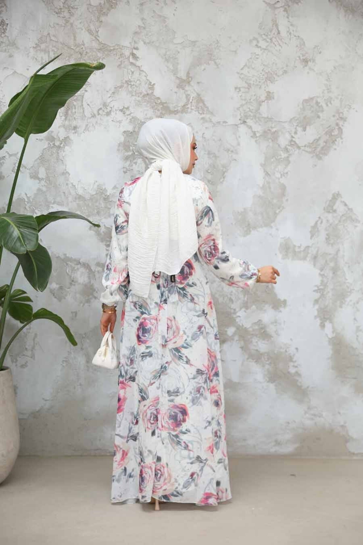 Neva Style-Floral Patterned Beige Hijab Dress 27986Bgr 3