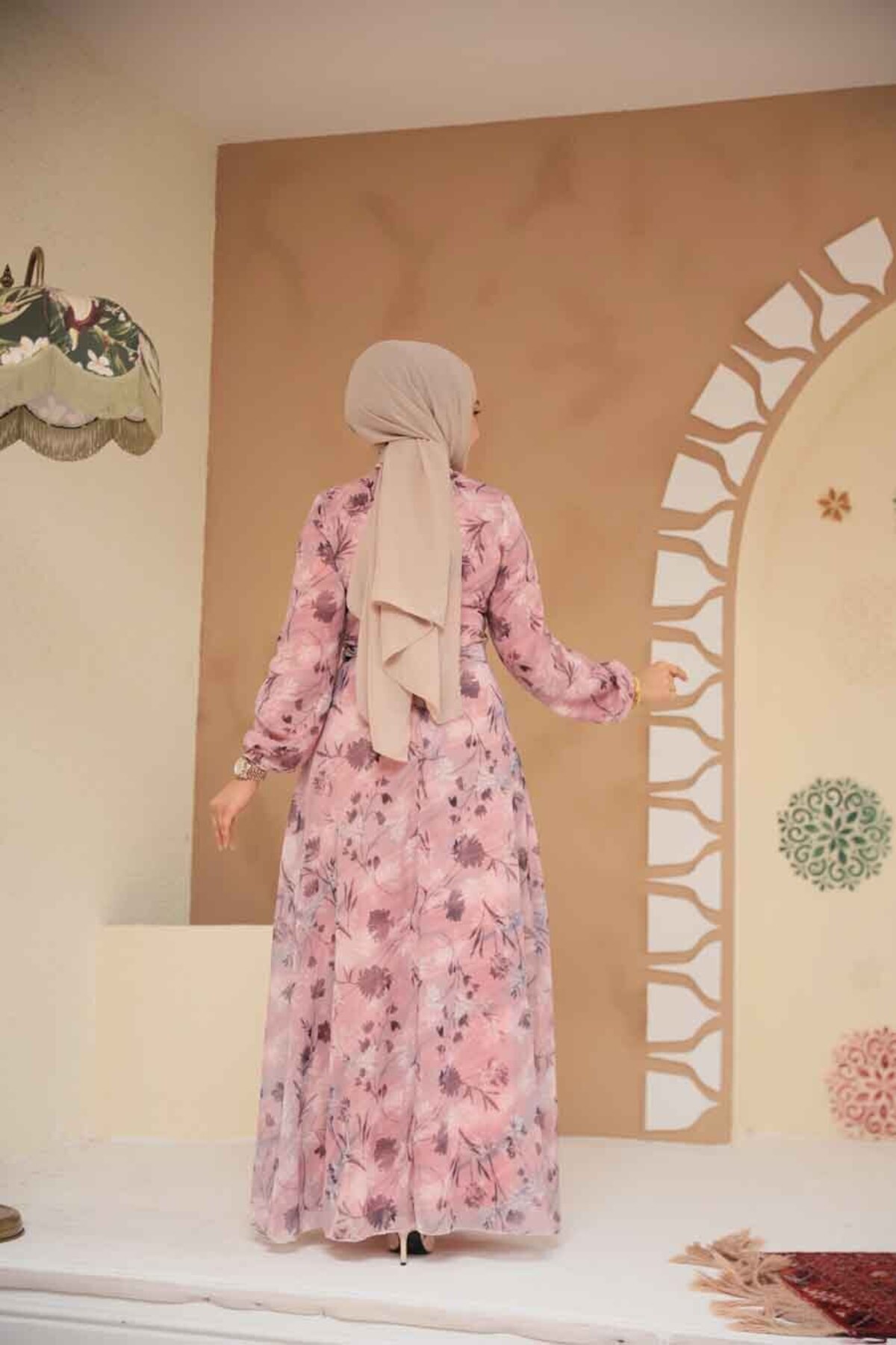 Neva Style-Floral Patterned Powder Hijab Dress 279903 Pd 3