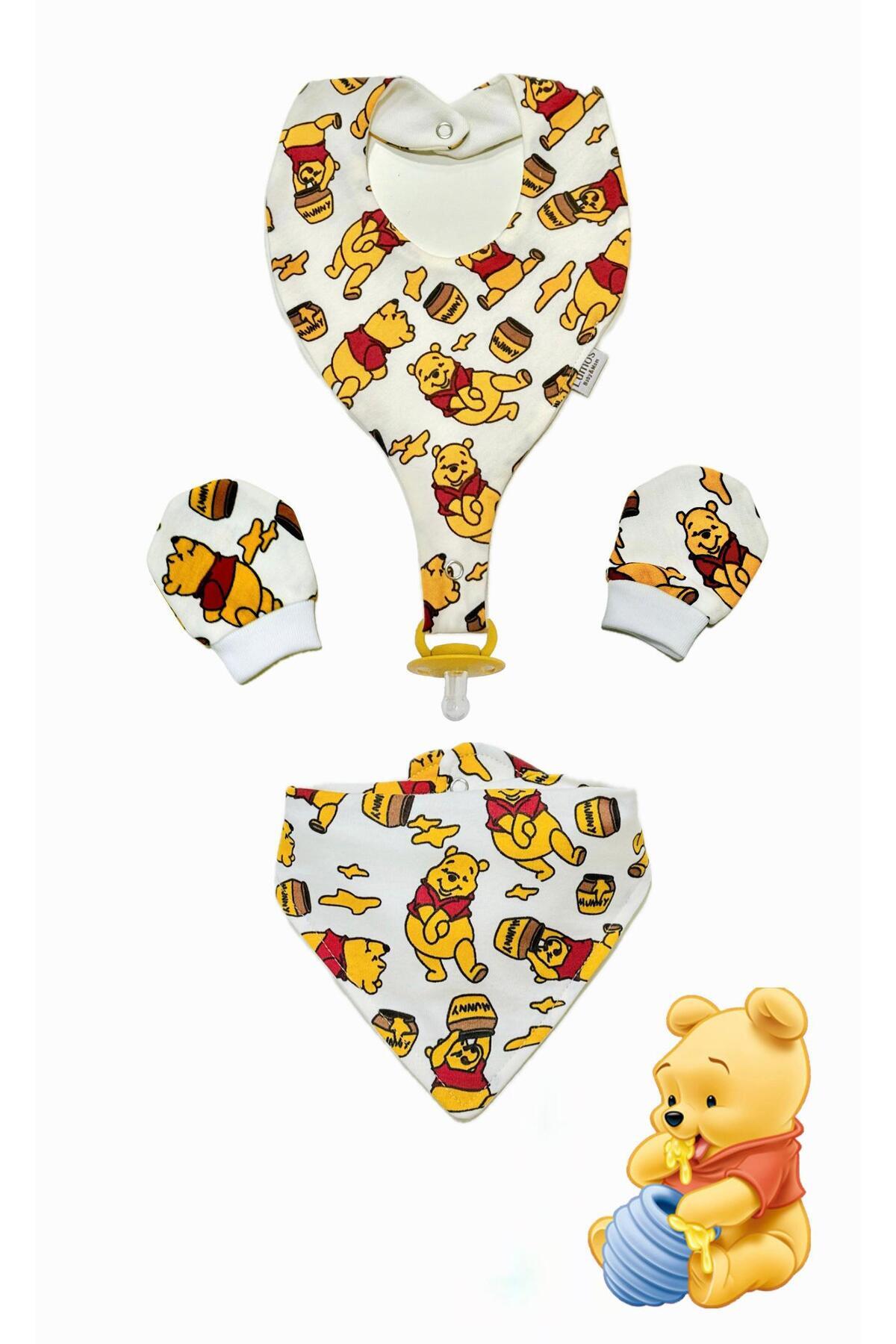Lumos Trade Bebek Winnie the Pooh Desenli Fular Mama Önlüğü Eldiven ve Emzik Tutucu Önlük Set fotoğrafı 3 (önizleme)