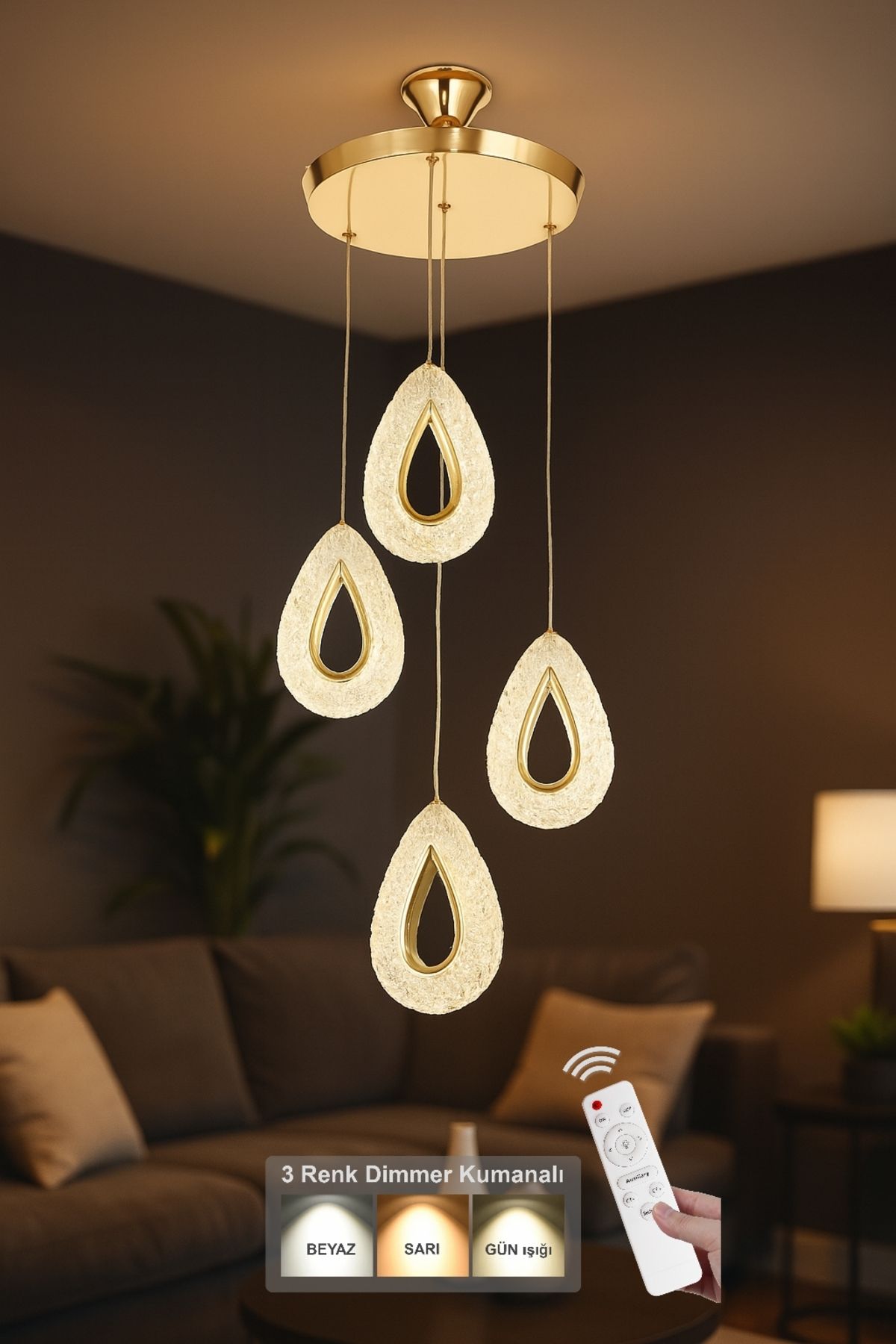 Avizemoda Dali 4'Lü Ledli Dim Kumandalı Modern Akrilik Sarkıt Avize (3 Renk Led; Sarı-Beyaz-Gün ışığı) - GOLD