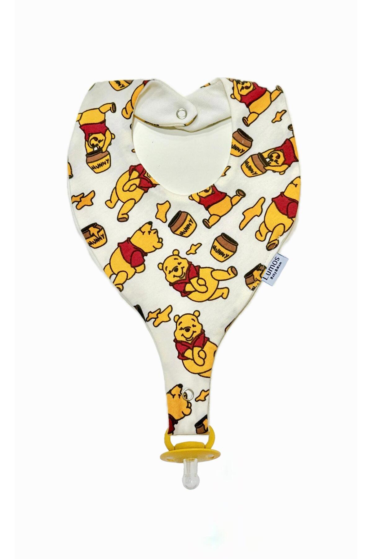 Lumos Trade Winnie the Pooh Desenli %100 Pamuk Kumaş Bebek Emzik Tutucu Mama Önlüğü ve Fular 2 li Set fotoğrafı 5 (önizleme)