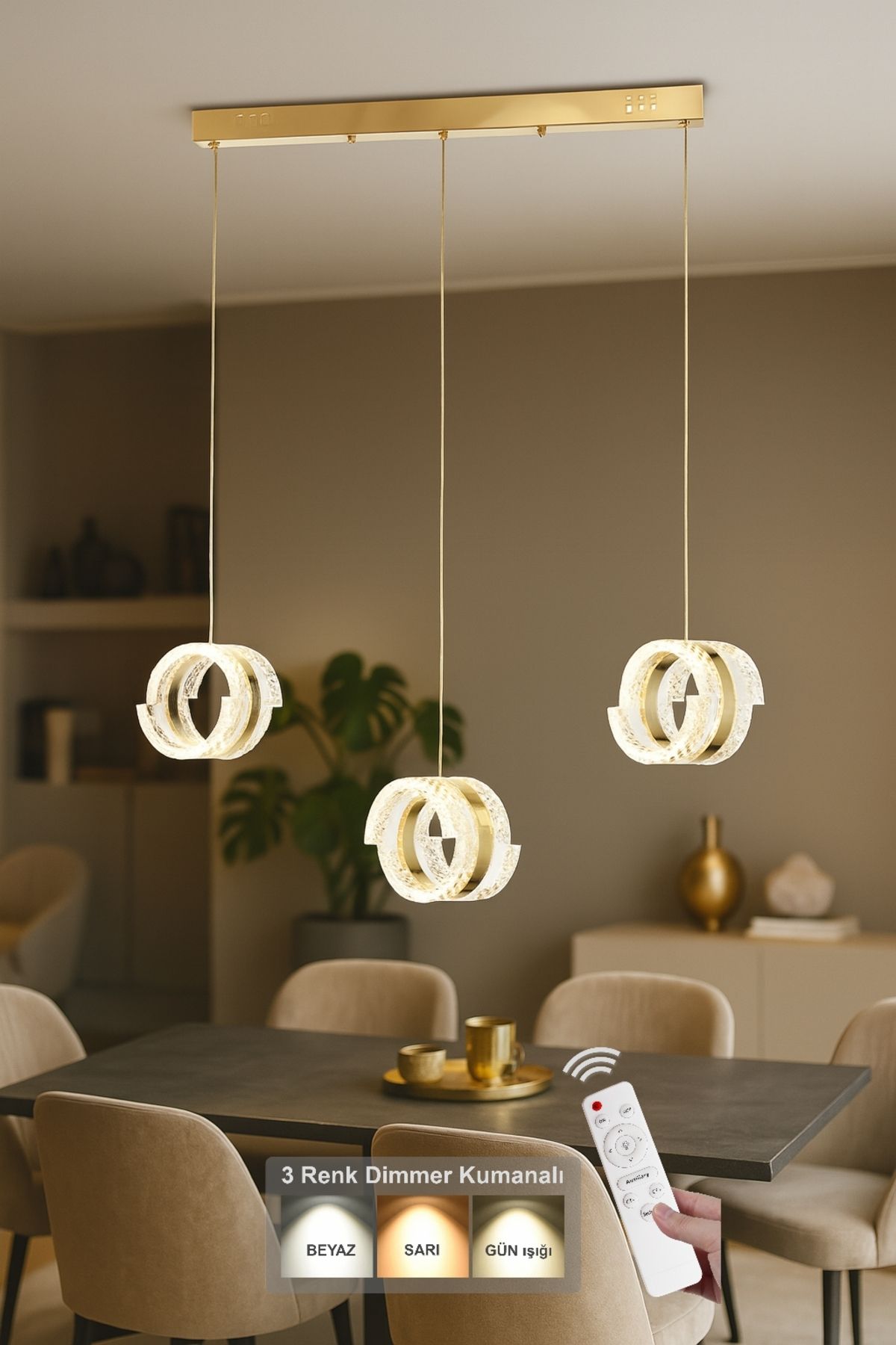 Avizemoda Savona 3 lü Yemek Masası Üstü Dim Kumandalı 3 Renk Ledli (Sarı-Beyaz-Gün Işığı) Akrilik Avize -Gold