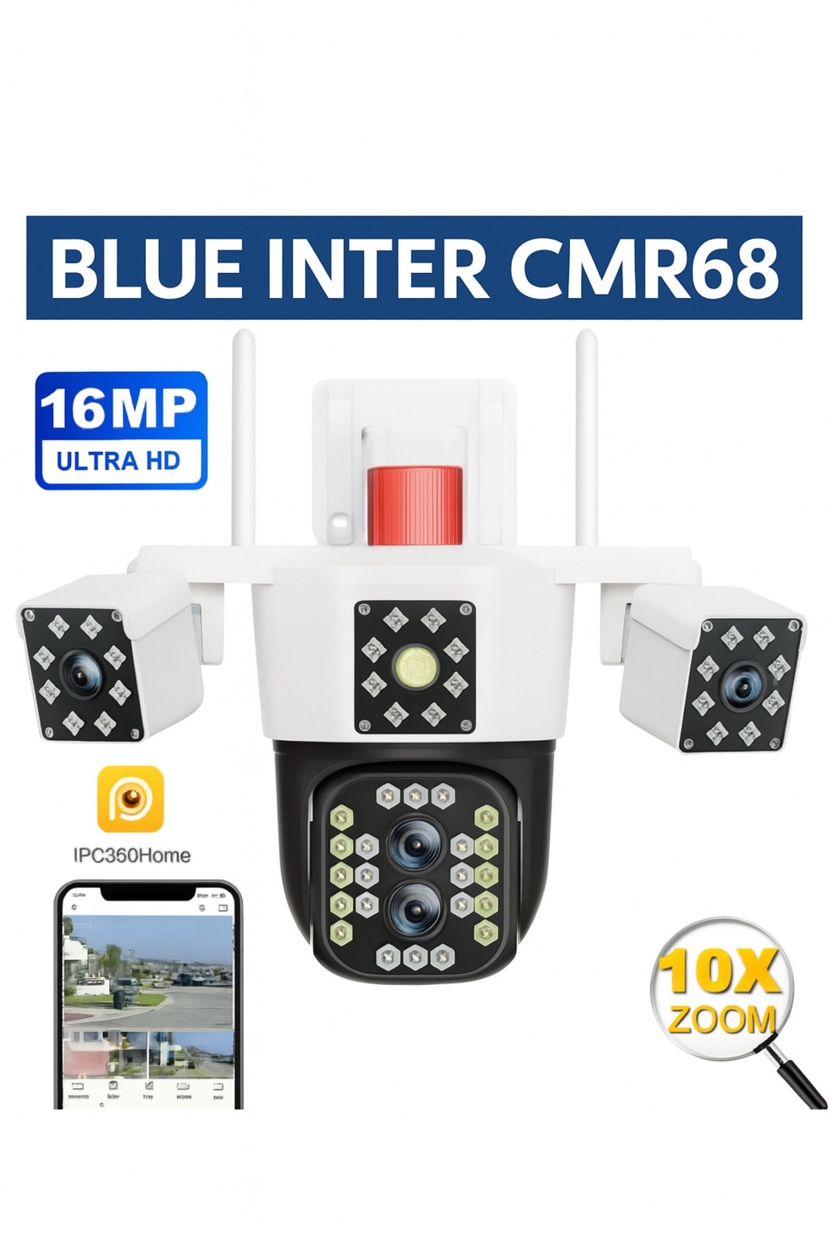 BLUE İNTER Sirenli 3 Kameralı 360° Güvenlik Kamerası Akıllı Takip & Gece Görüşü Uzaktan İzleme CMR-68