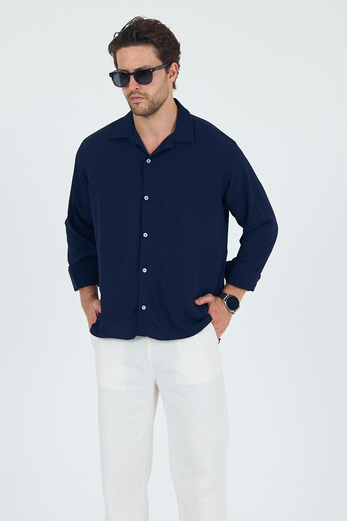 SKYMOOD  Keten Dokulu Oversize Erkek Gömlek Lacivert Uzun Kollu - Görsel 5