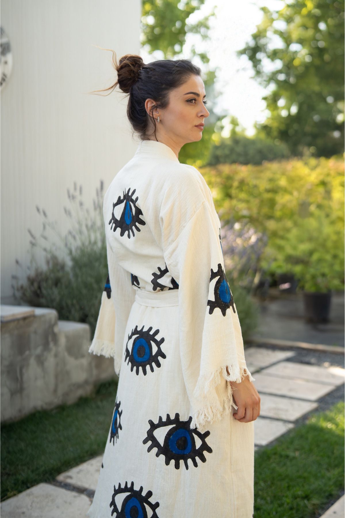 Mom Cherie Etnik Göz Baskılı %100 Pamuk Müslin Yetişkin Kimono Kaftan