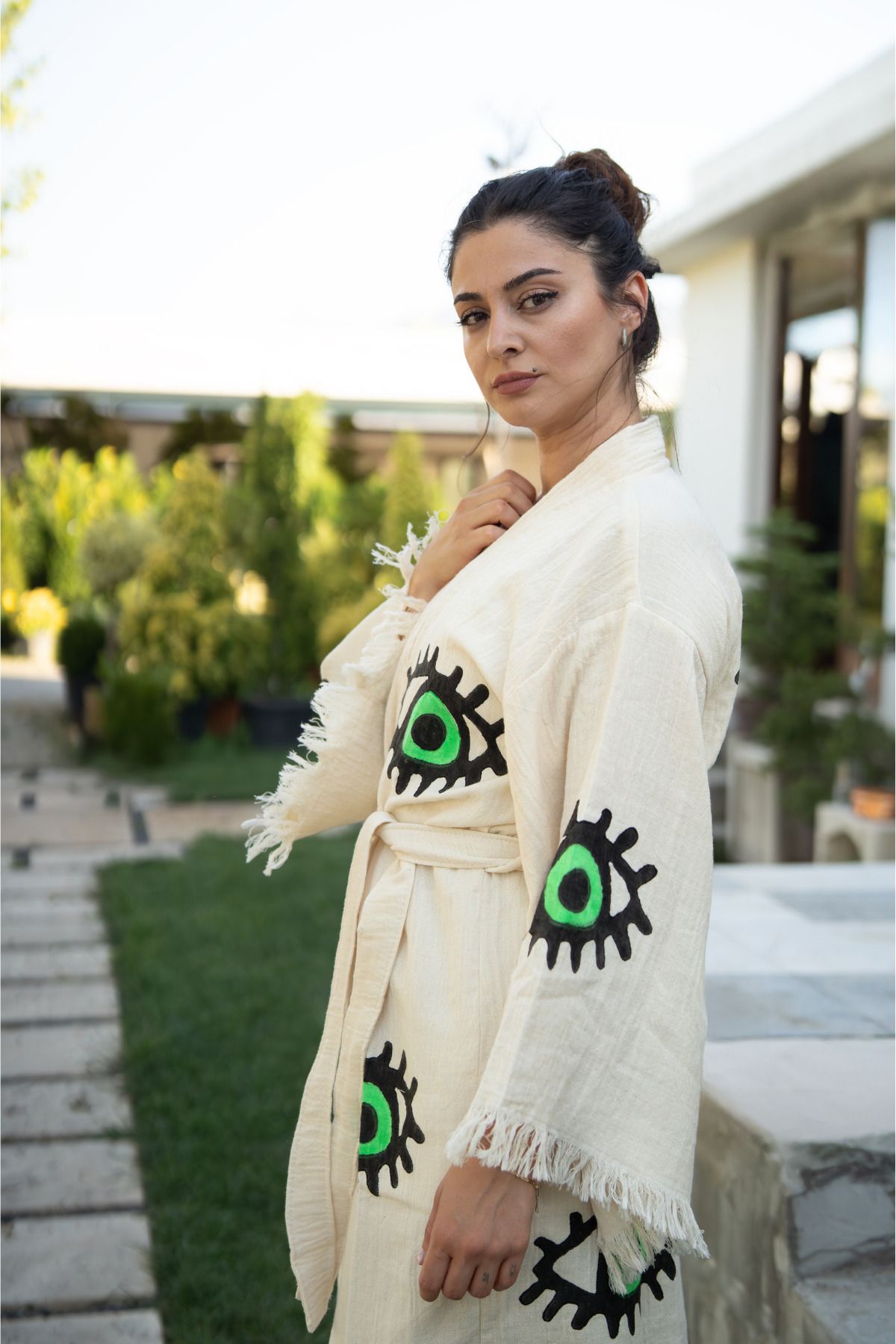 Mom Cherie Etnik Göz Baskılı %100 Pamuk Müslin Yetişkin Kimono Kaftan