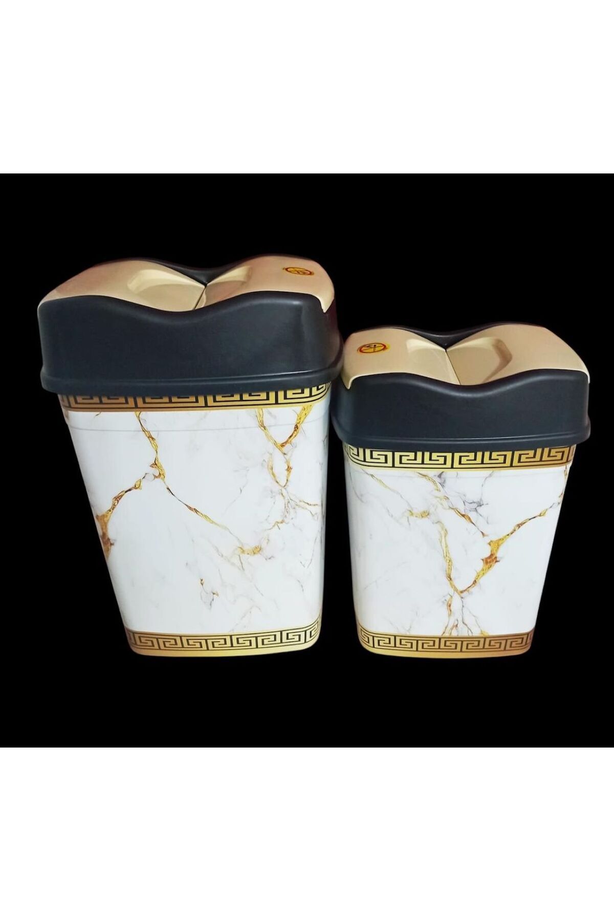 Sağlam 2L SET-25 VE 15 LT KALİTELİ DEKORATİF ALTIN MERMER DESENLİ MUTFAK /BANYO OYNAR/KLİK KAPAK ÇÖP KOVASI