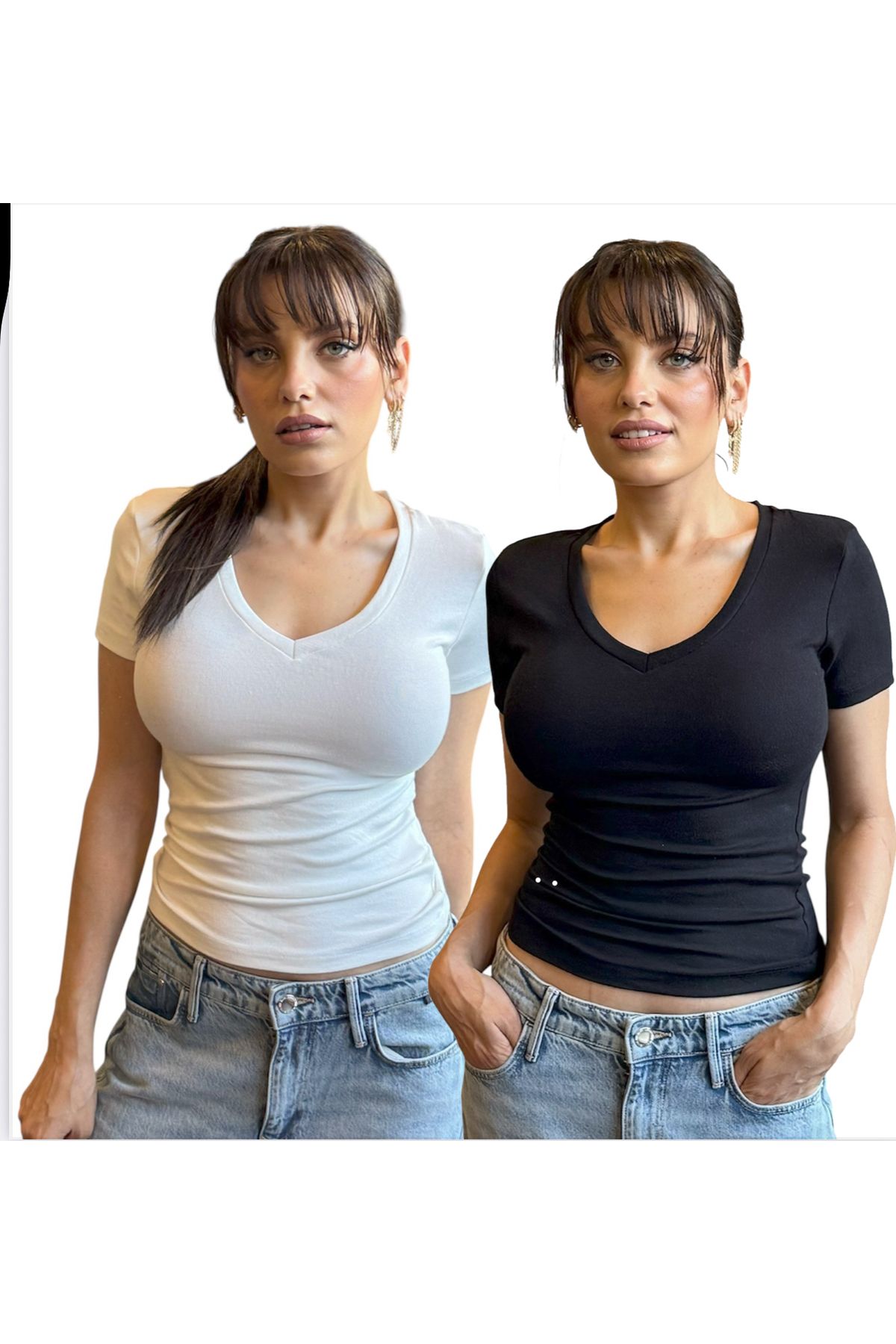 Gi&Di's COLLECTİON İkili Siyah ve Beyaz V Yaka Buzzy Body