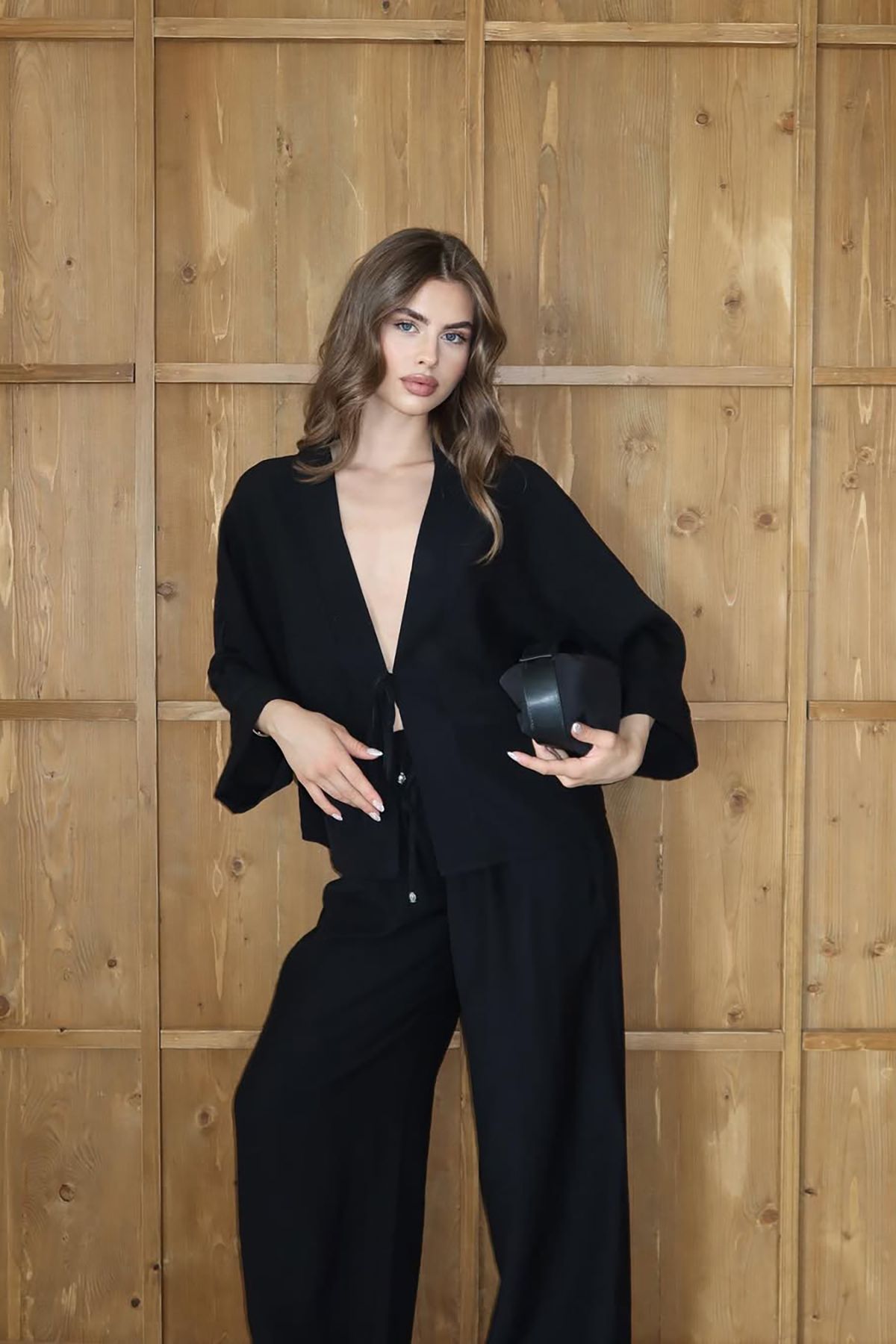 Neşeli Butik kadın bağlamalı bol kesim siyah takım NBNP016