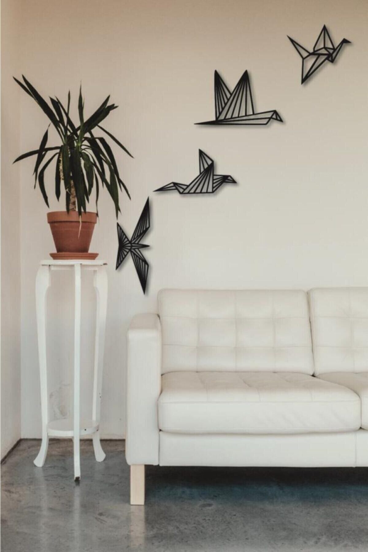 Elioure Siyah Ahşap Geometrik 4lü Uçan Kuşlar Duvar Dekoru, 90x50cm Set