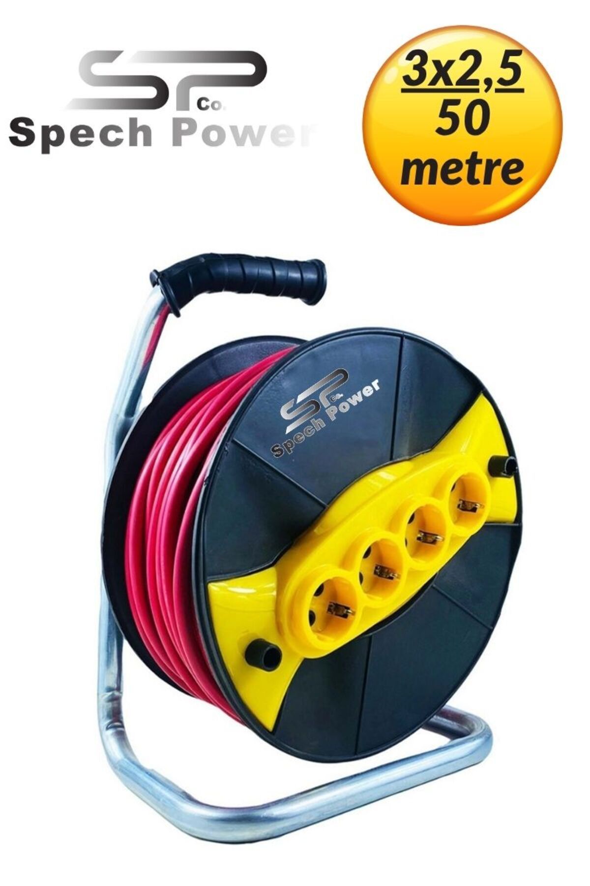 Spech Power Sertifikalı Seyyar Kablo 3,2 x 50 Metre Bakır Kablo 4 Prizli Makaralı Kablo