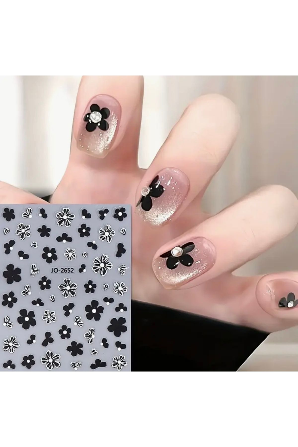 AEÇTASARIM Beyaz Siyah Çiçekler Tırnak Süsleme Stickerı, Nail Art Süslemeleri