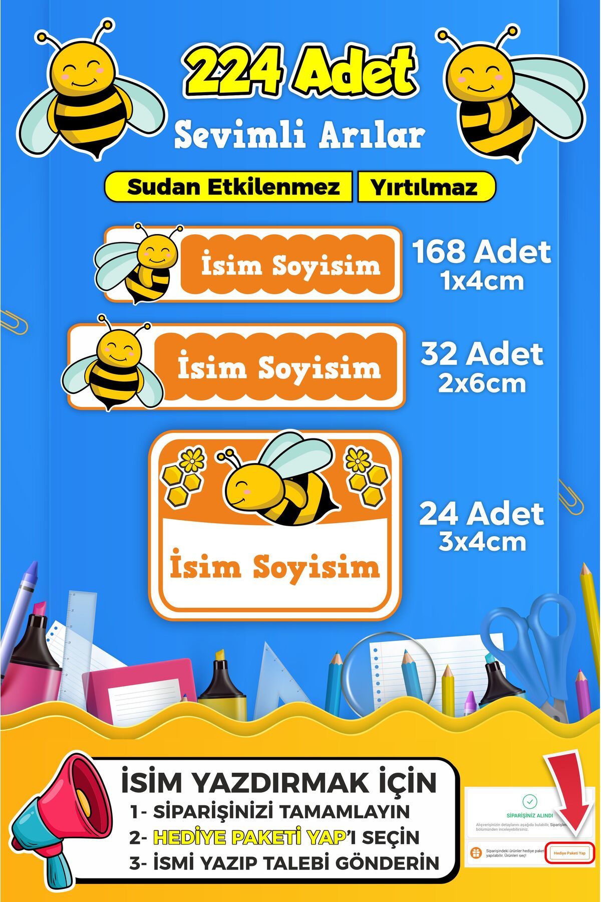 SB store Sevimli Arı Temalı Okul Kreş Kişiye Özel isim Etiket Seti - Model 449